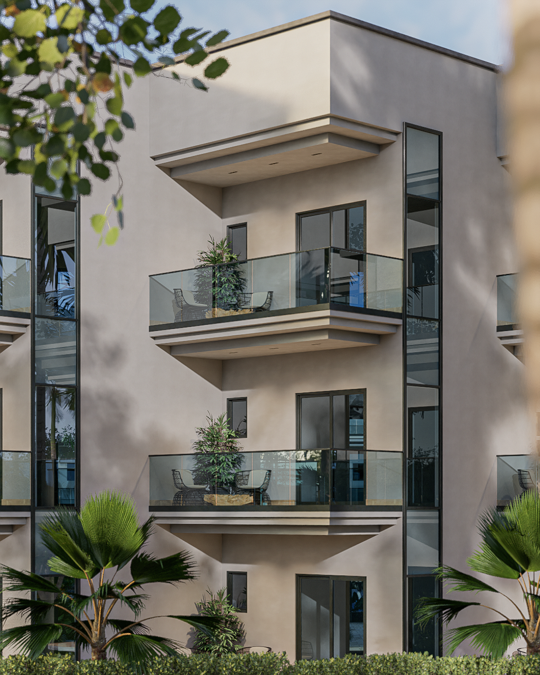 Modern multi-story apartment building with balconies, glass railings, and potted plants, surrounded by greenery.