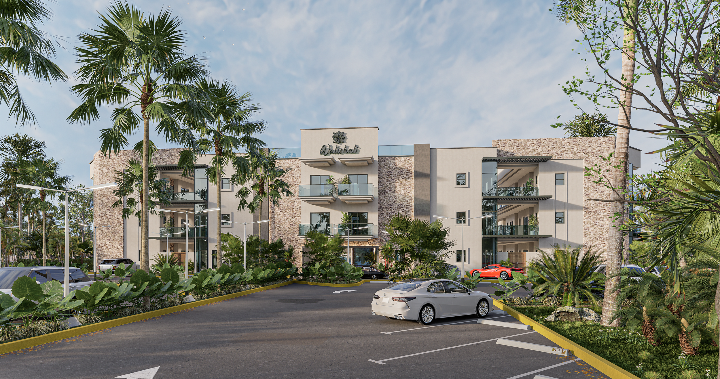 Modern hotel building with palm trees and a parking lot in front, featuring luxury cars and landscaped greenery.