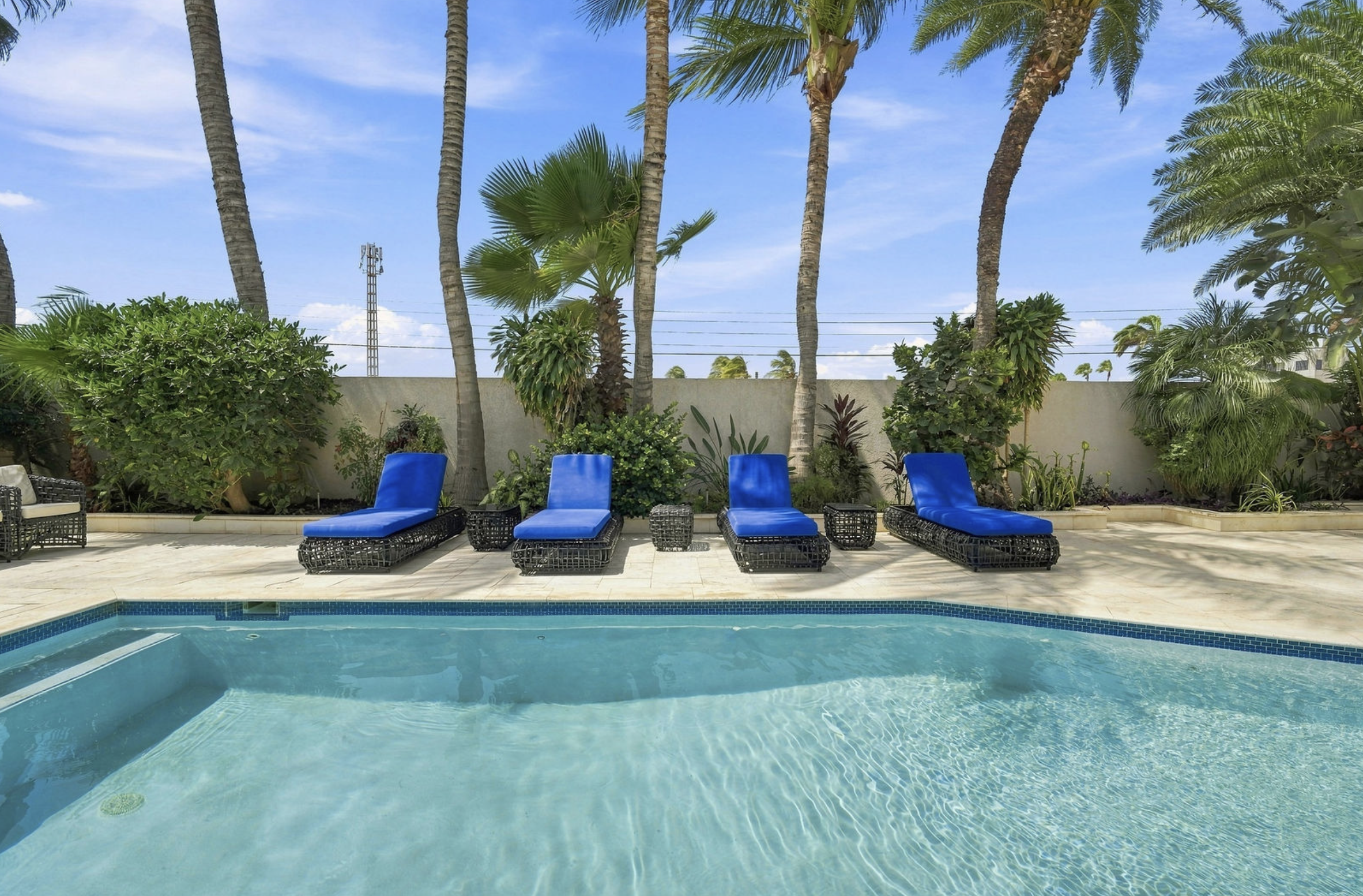 A backyard swimming pool with clear water, surrounded by a stone patio, blue lounge chairs, tropical plants, and tall palm trees under a blue sky.