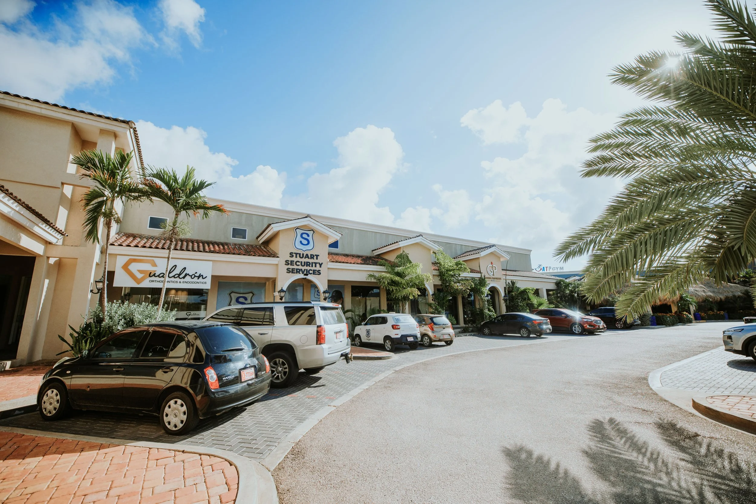Shopping plaza with parked cars, palm trees, and storefronts including security services and orthodontics clinic under a blue sky with clouds.