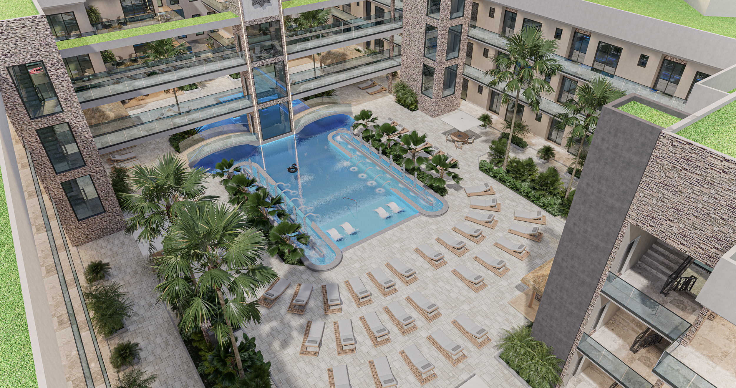 Aerial view of a modern apartment complex courtyard with a swimming pool, surrounded by lounging chairs, palm trees, and lush greenery.