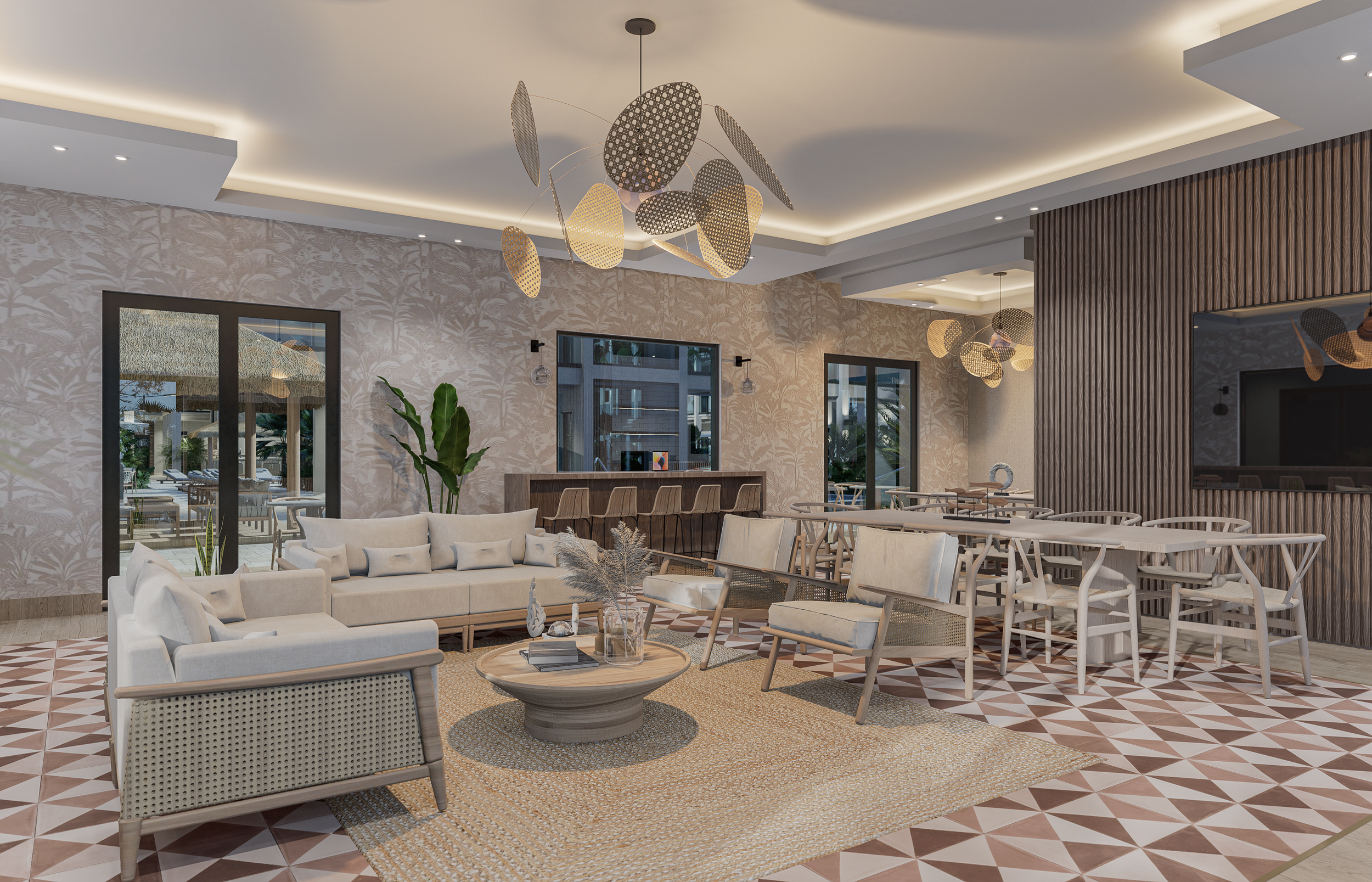 Modern hotel lobby with beige sofas, chairs, a wooden coffee table with decor, patterned tile flooring, floral wallpaper, large windows, and artistic pendant lighting.