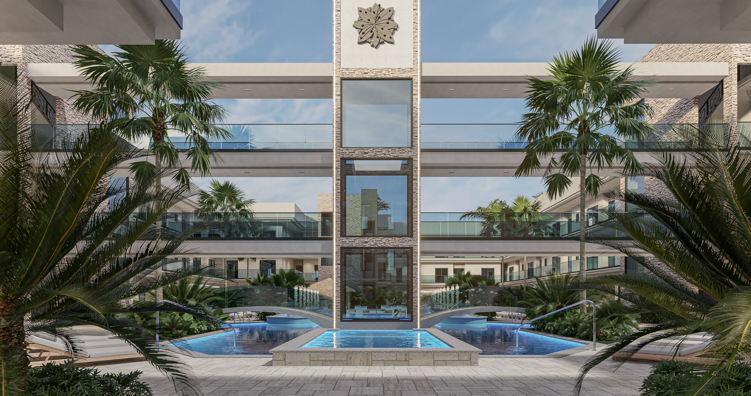 Luxury residential building with modern architecture featuring landscaped gardens, swimming pools, and palm trees.
