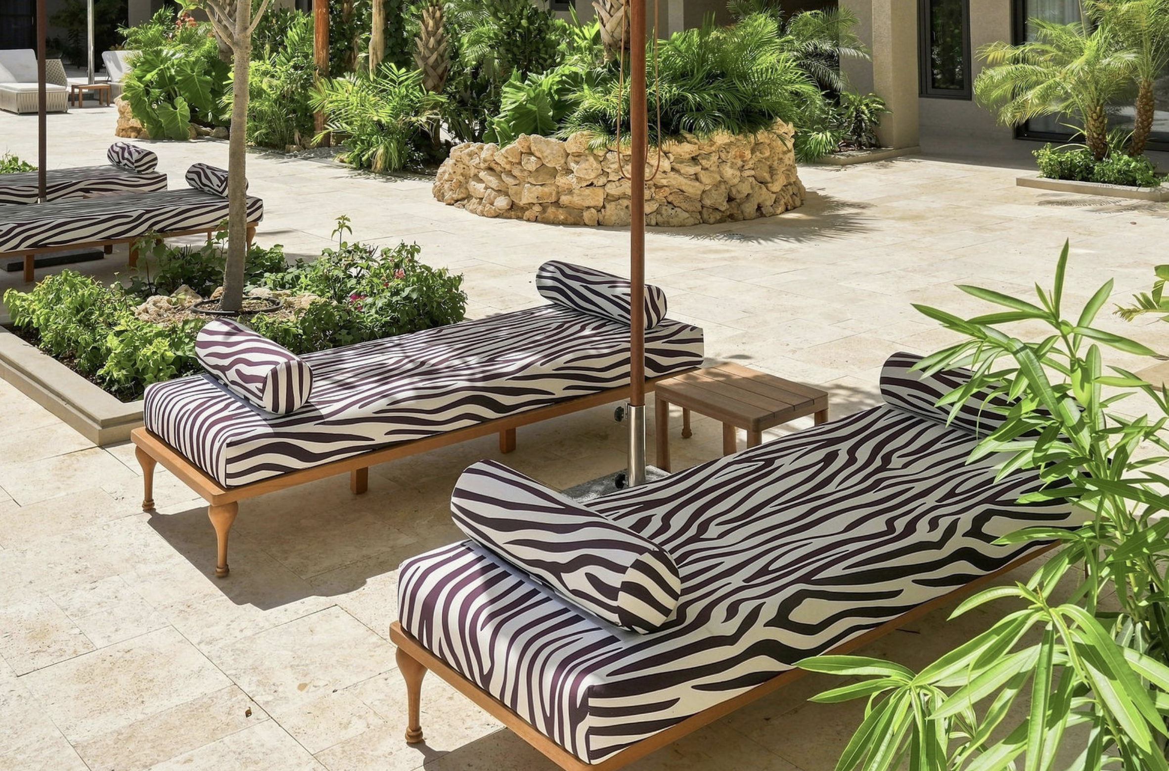 Outdoor patio with zebra-striped lounge chairs, plants, and a stone raised bed in a sunny setting.