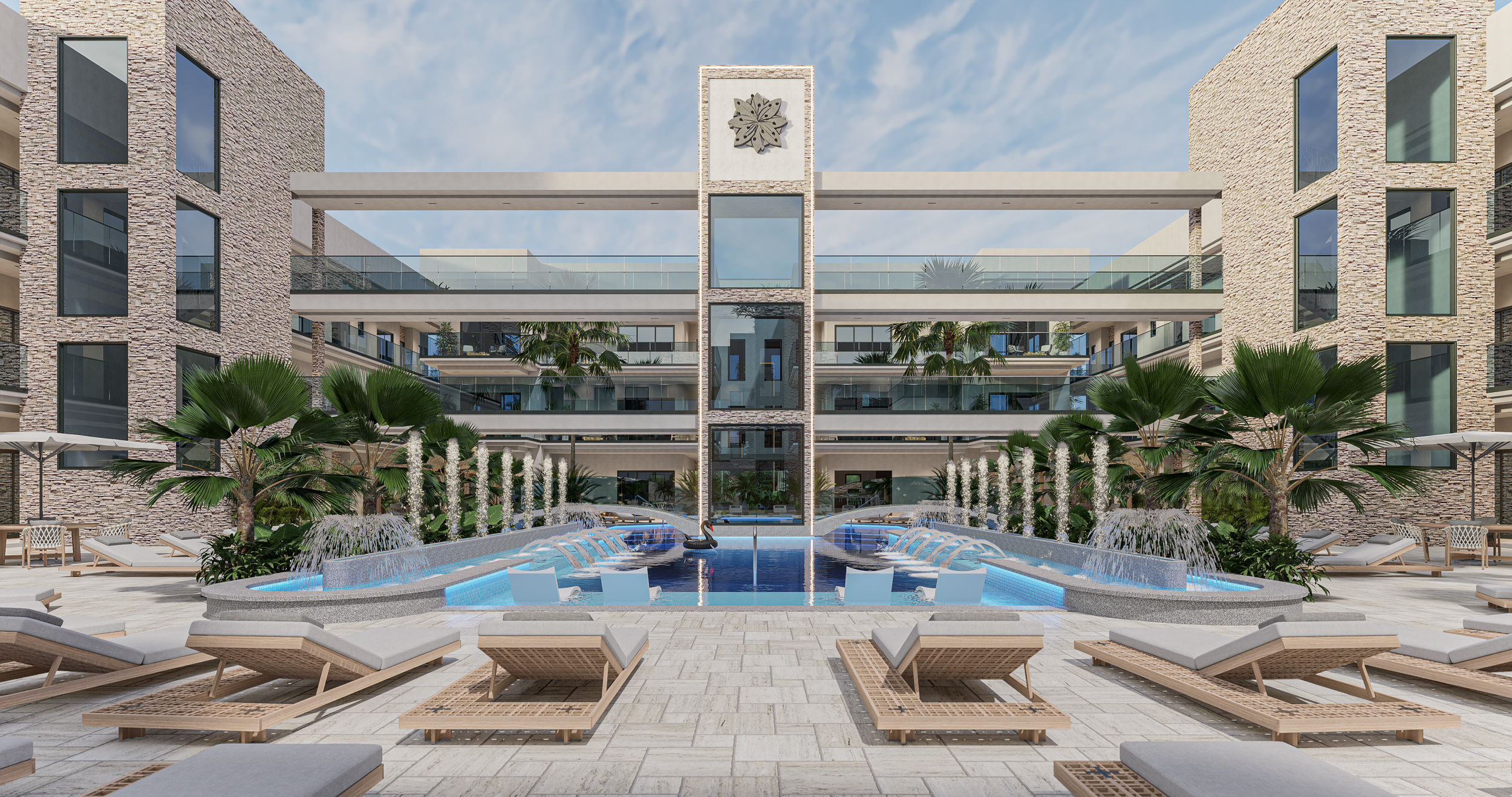 Luxury hotel courtyard with a central outdoor pool flanked by palm trees and lounge chairs, multi-story building with glass balconies, and a decorative architectural structure at the center of the scene.