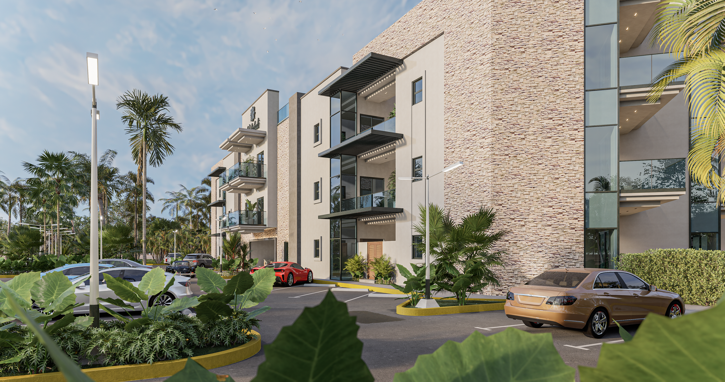 Modern multi-story residential apartment building with balconies, large glass windows, palm trees, parked cars, and landscaped greenery in a sunny setting.