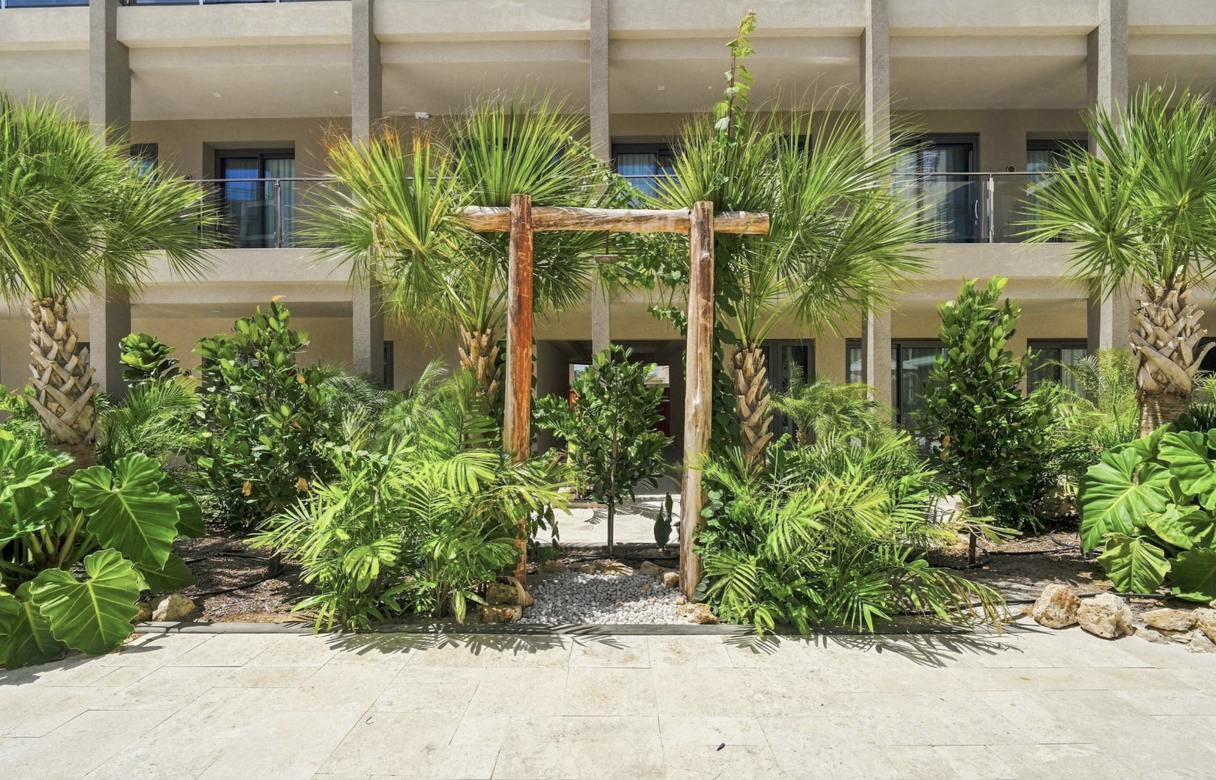 A landscaped area with lush green tropical plants, including palm trees and broad-leafed plants, in front of a modern apartment building with gray concrete balconies and glass railings.