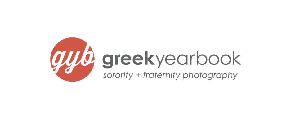 Greek Yearbook logo featuring a red circle with 'gyb' in white script and the words 'greak yearbook' with the tagline 'sorority + fraternity photography'