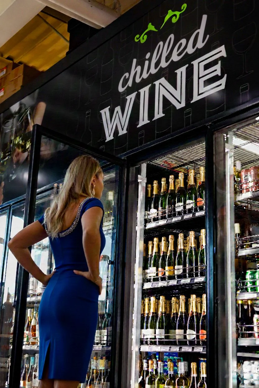 woman in blue cocktail dress looking at cooler full of champagne