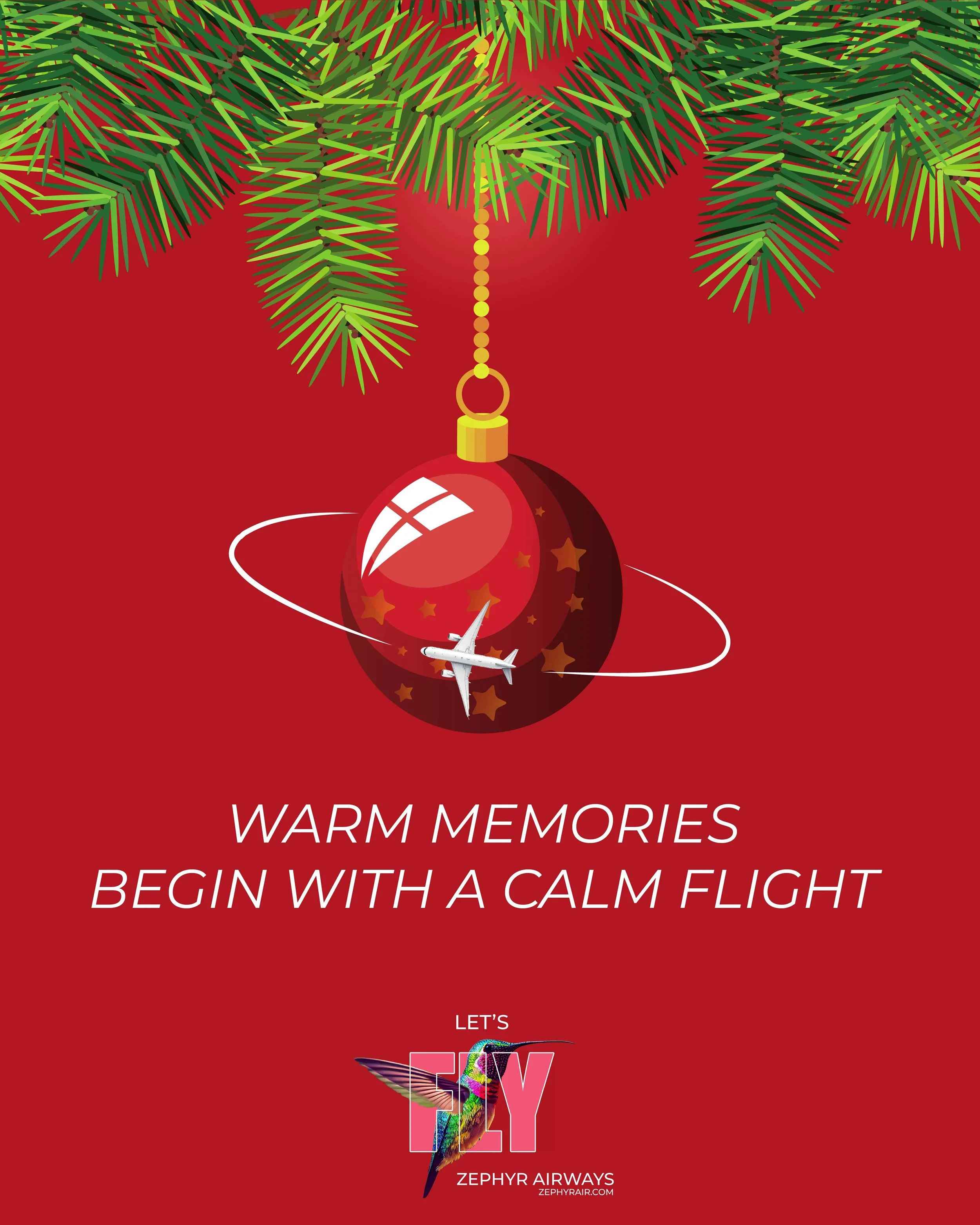 Christmas ornament with an illustration of an airplane circling a planet, hanging from a pine tree branch, with the message 'Warm memories begin with a calm flight' and the Zephyr Airways logo featuring a colorful hummingbird.