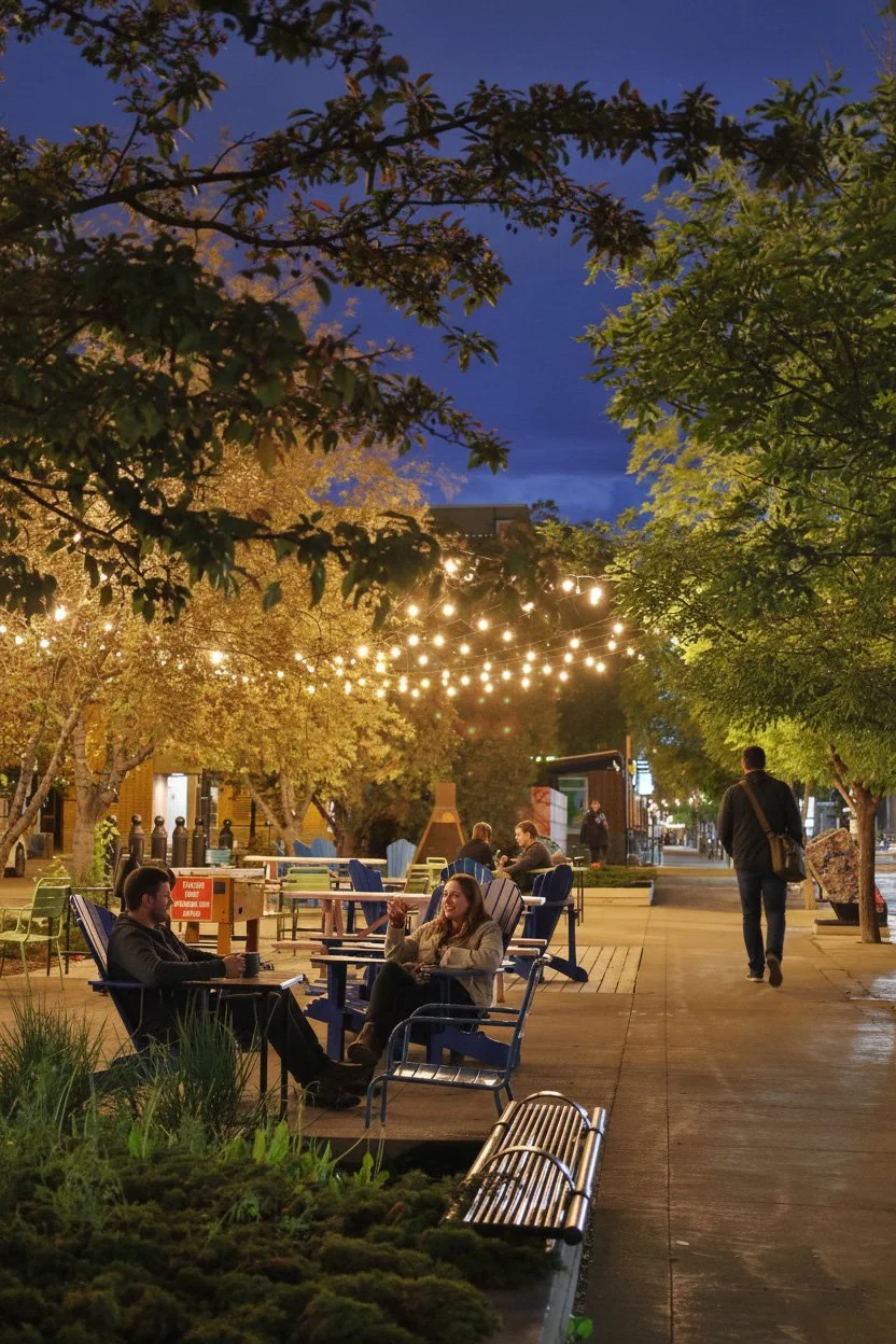 People sitting on outdoor patio with string lights and trees during evening.