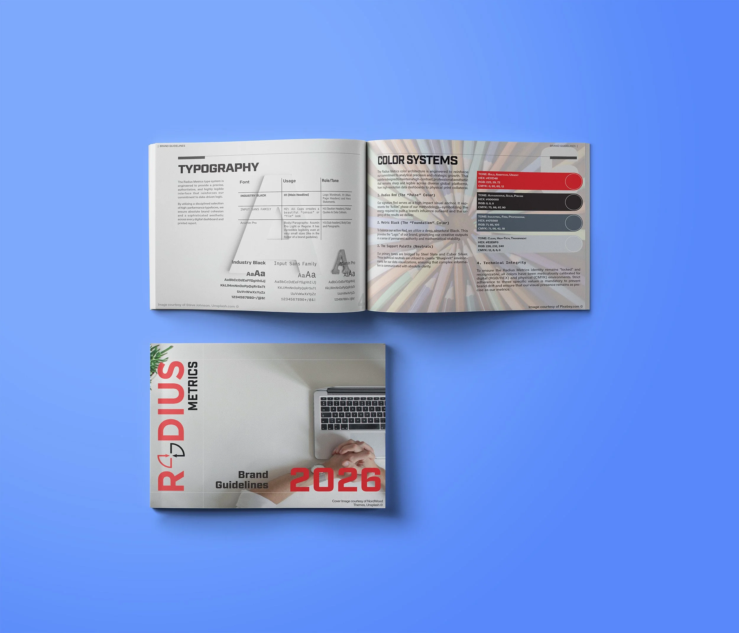 Open brochure titled 'Imagery System' with text on business practices and imagery guidelines, next to a closed red book titled 'CERCO Creative Marketing Brand Guidelines 2025' on a pink surface.