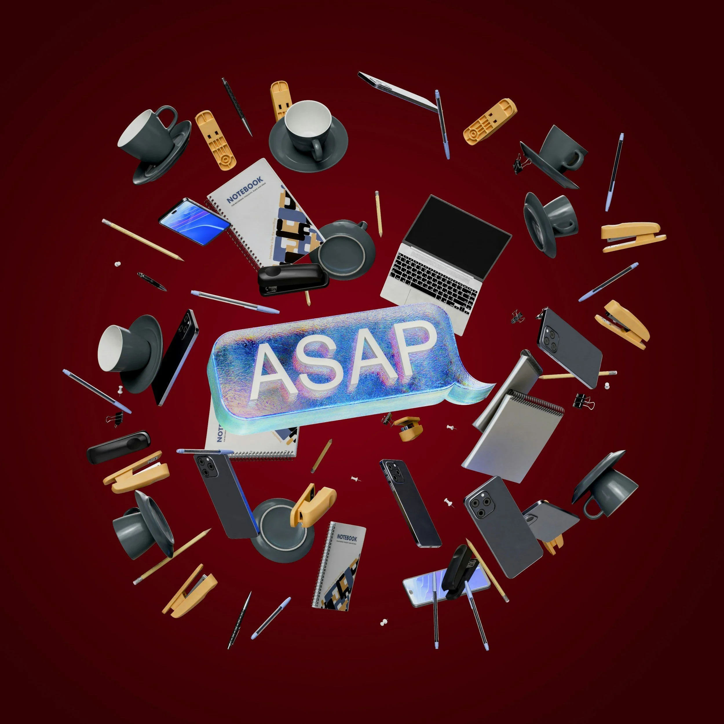 Graphic with ASAP at the center with office supplies exploding towards the viewer