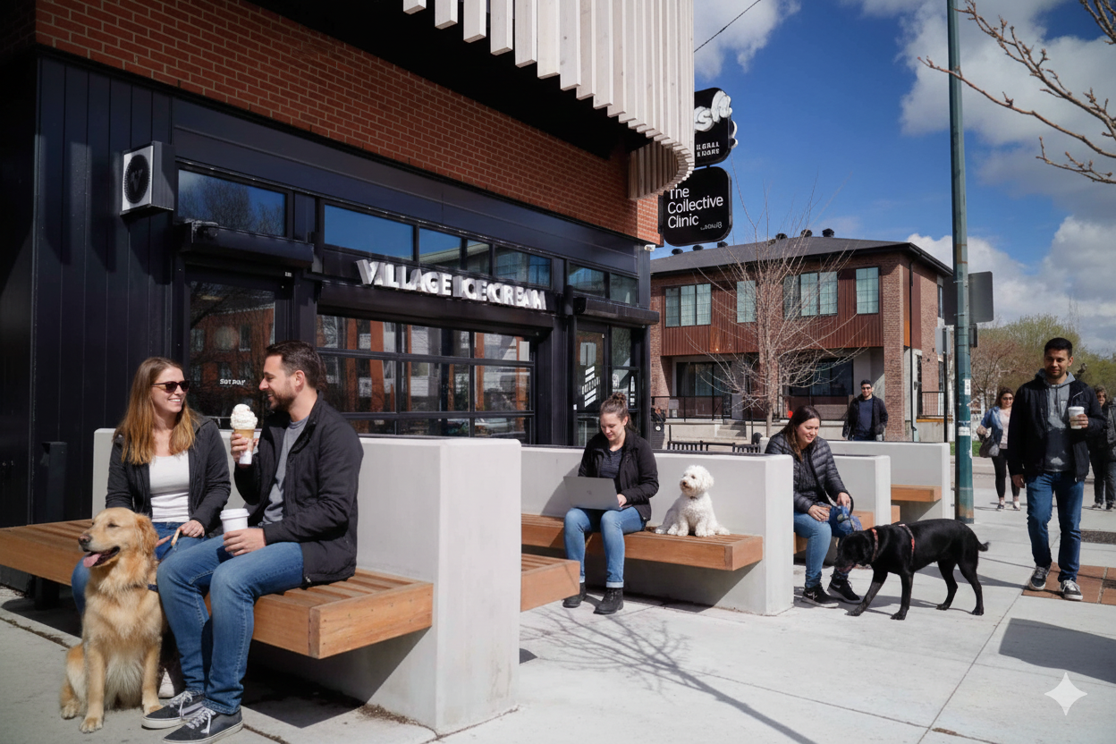 People sitting on benches outside Village Ice Cream shop, some with dogs, some using laptops, others enjoying ice cream.