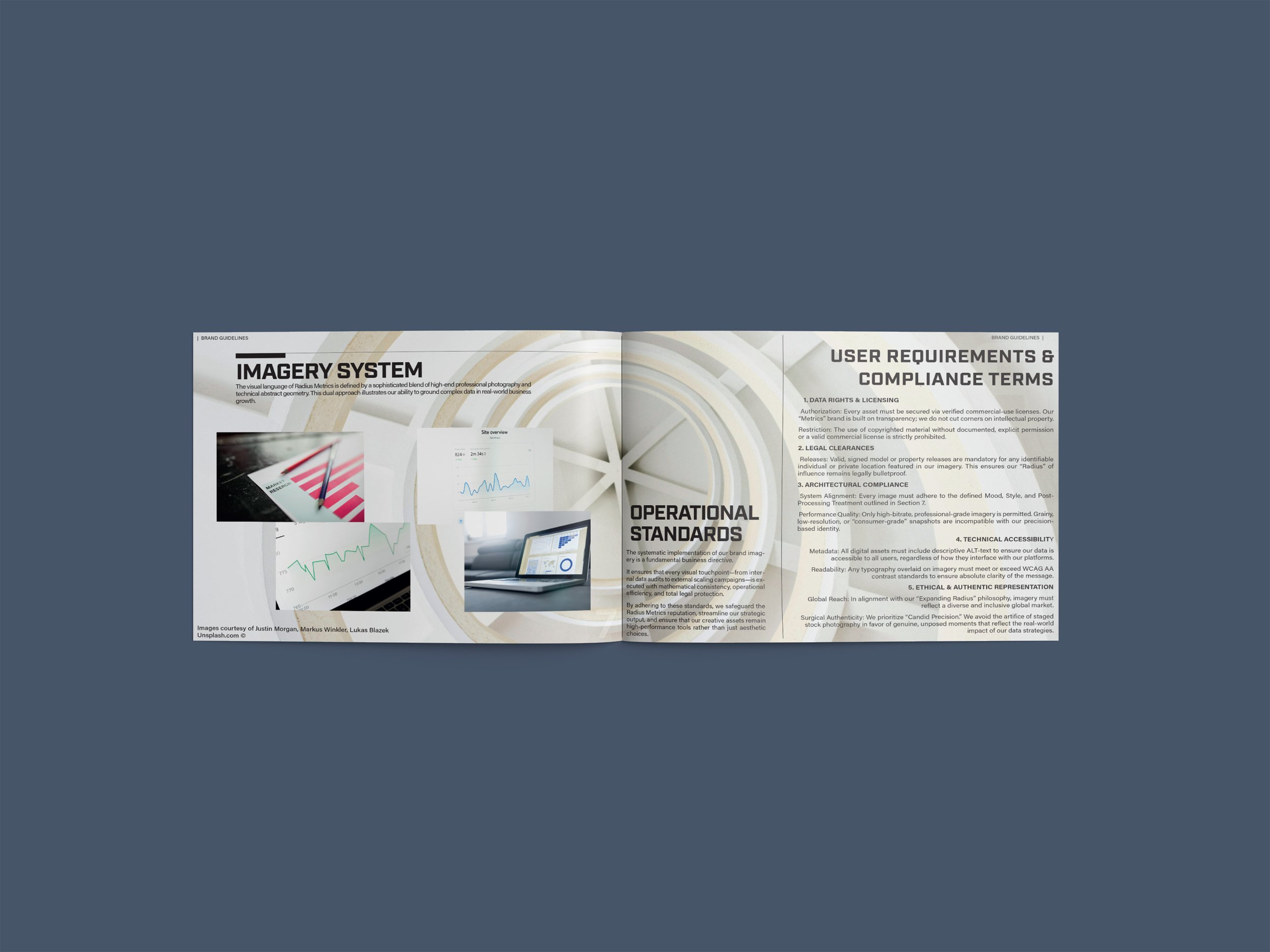 Open magazine showcasing promotional material on the left page titled 'PROMOTIONAL MATERIAL' with images of branded products and outdoors, and on the right page titled 'MERCHANDISE' with images of boats and a woman, on a brown surface.