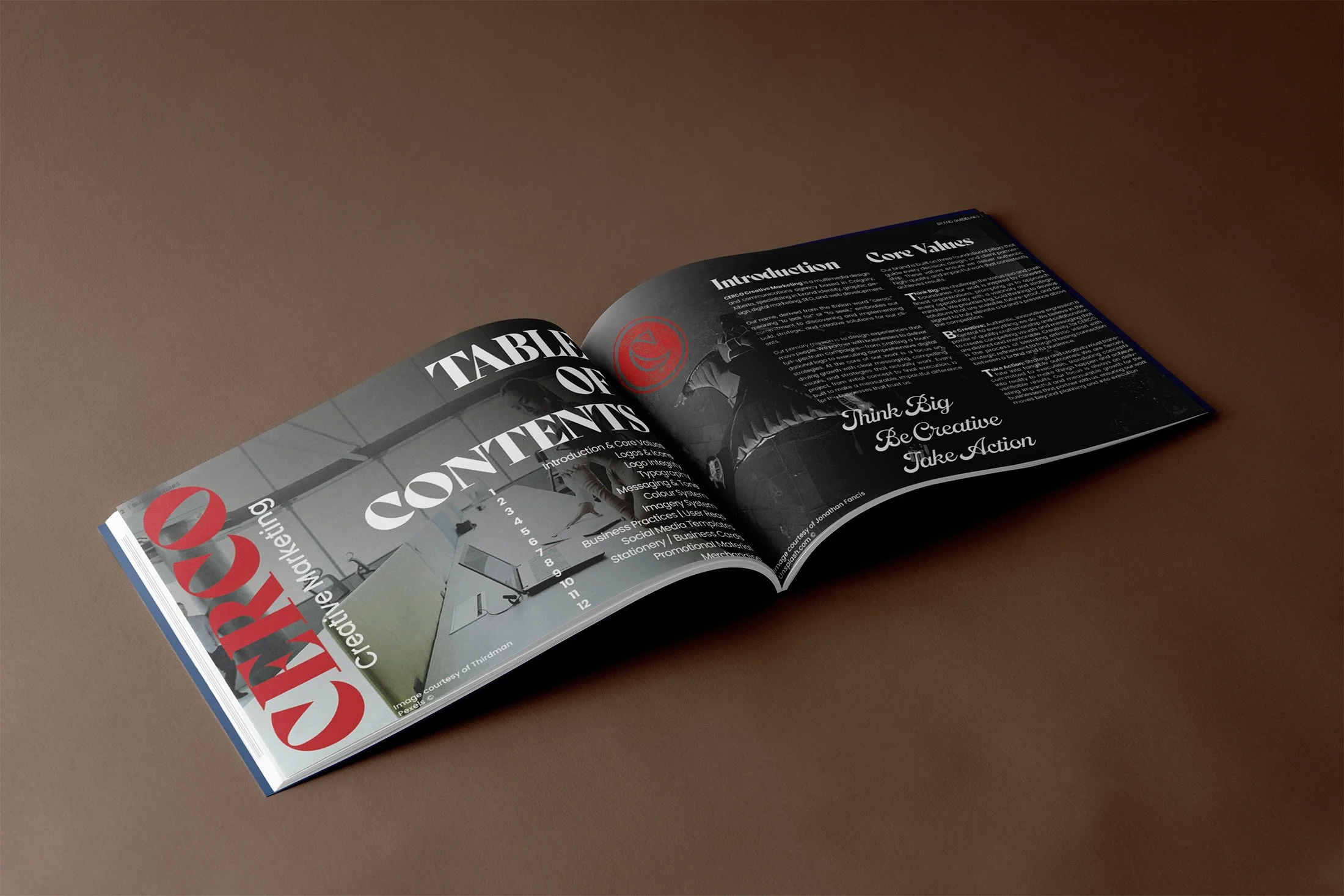 The table of contents and mission statement page inside page of CERCO's brand guide book