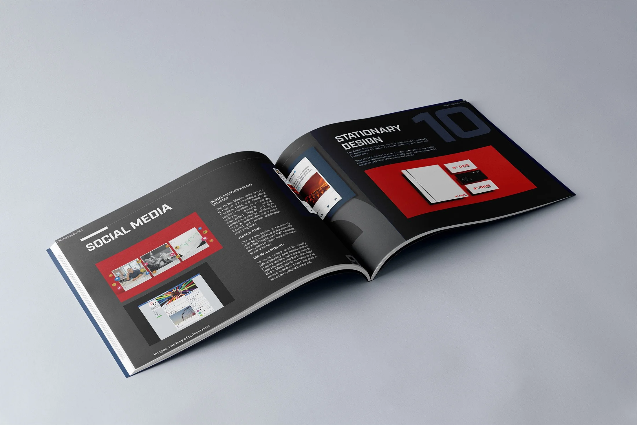 Open brand style guide book showing logo designs, color guidelines, and logo usage rules for Erco.