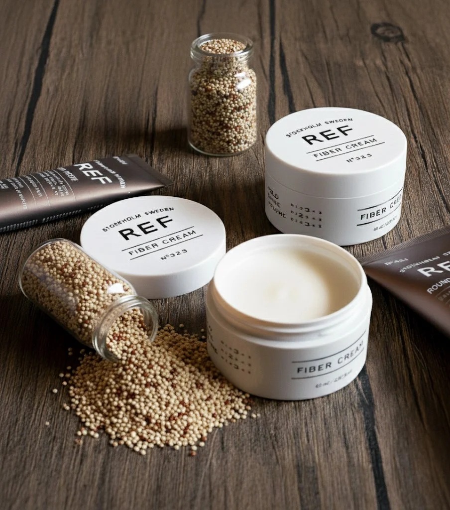 Open jar and scattered small multicolored beads next to containers and tubes of Stockholm Sweden REF fiber cream on a wooden surface.