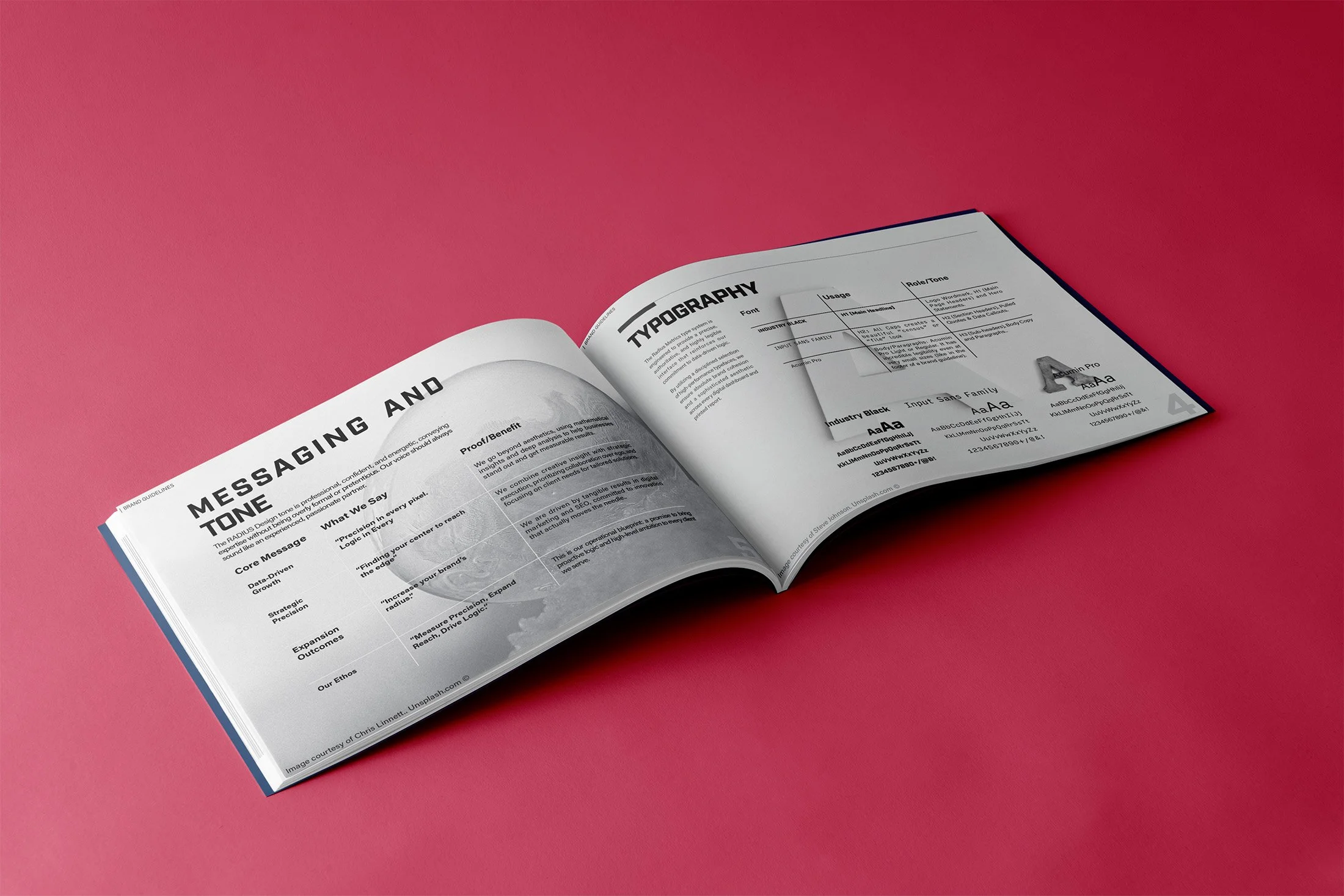 Open magazine showing two pages; the left page has red background with white text discussing messaging and tone, the right page has a white background with black and colored text, including sections on color systems and headlines.