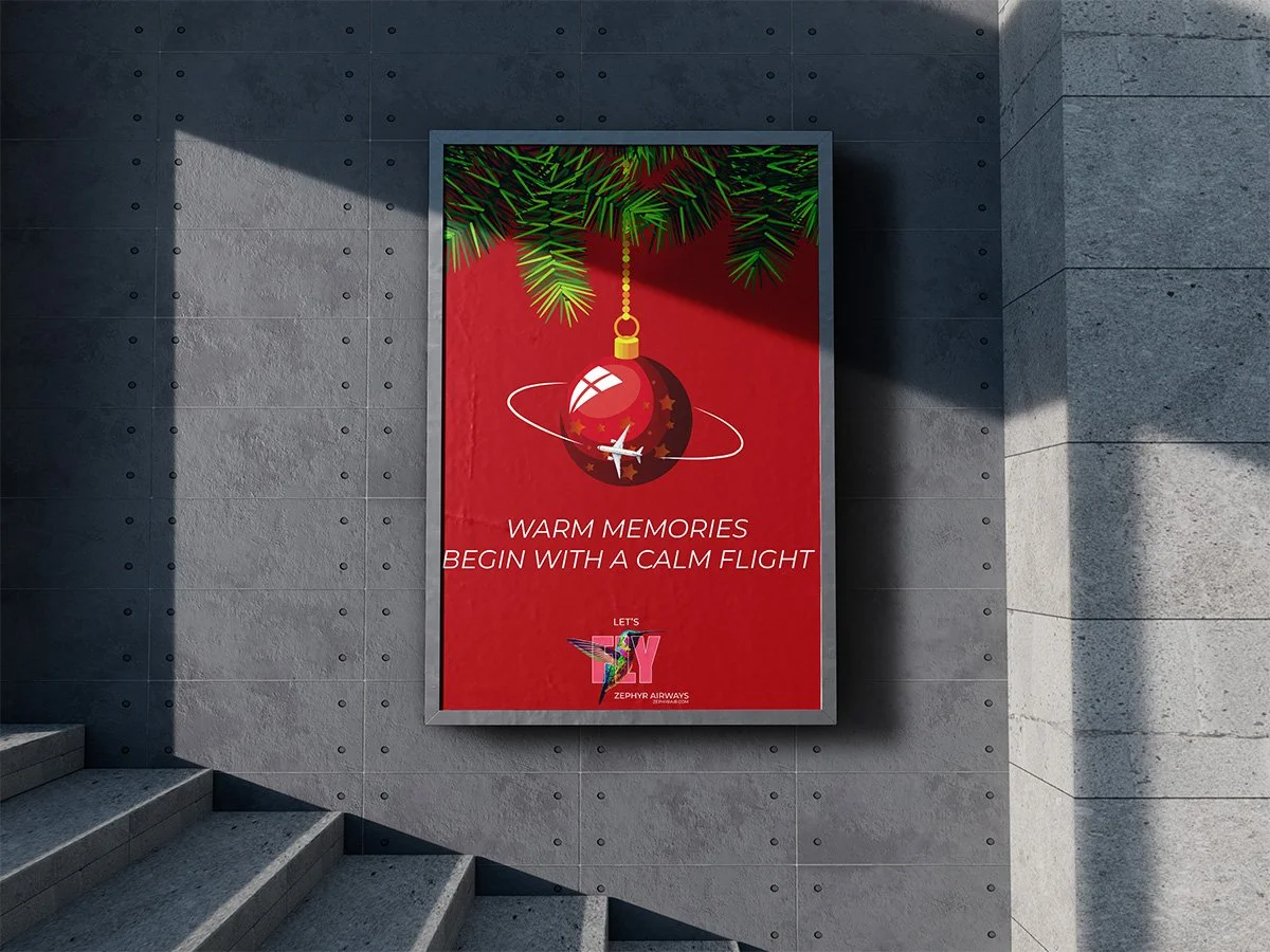 A Zephy Airways billboard with a Christmas theme, showing a red ornament hanging from Christmas tree branches, with the text "Warm memories begin with a calm flight" and the Zephy Airways logo at the bottom.