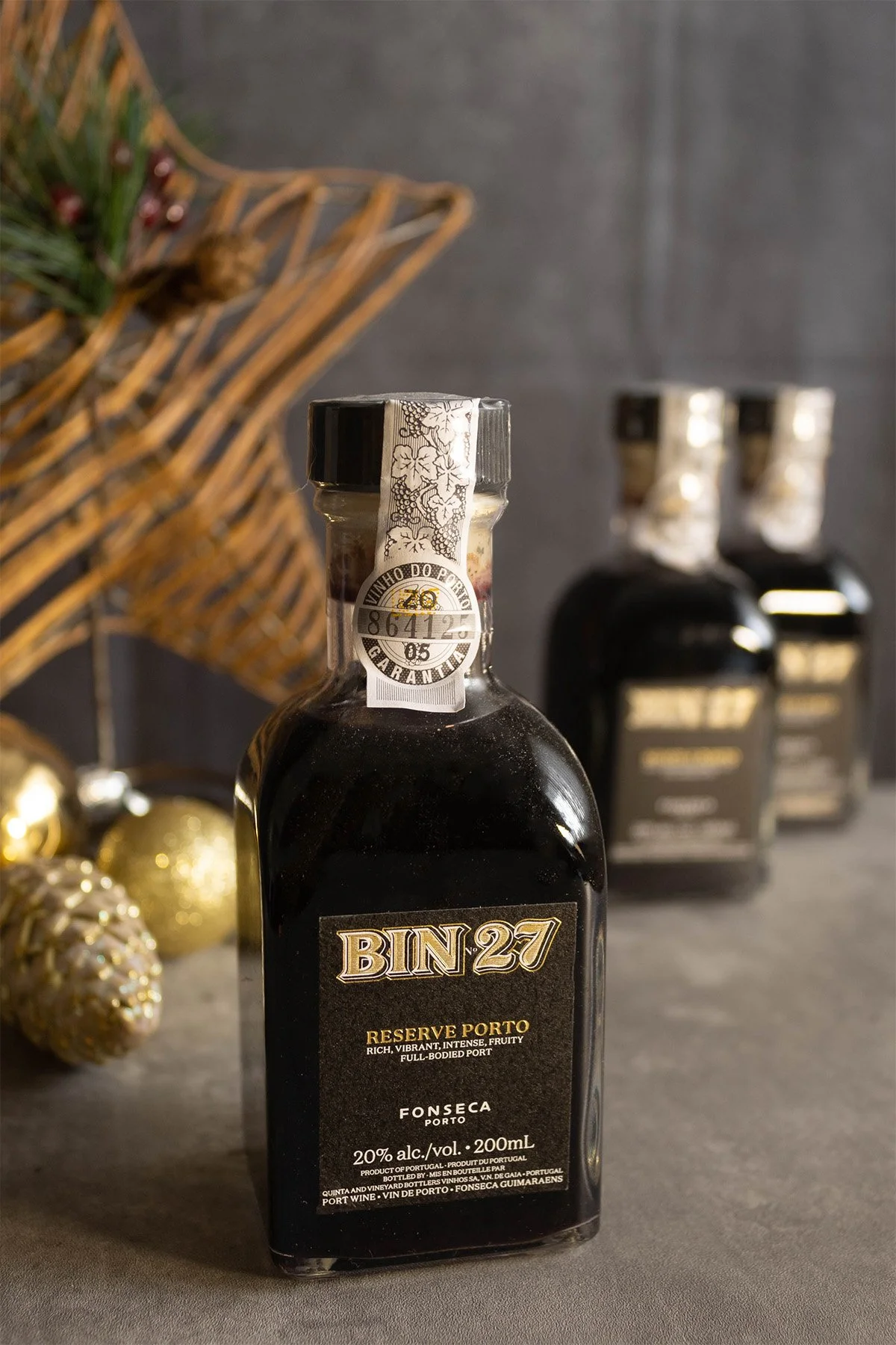 Close up image of 3 mini bottles of port