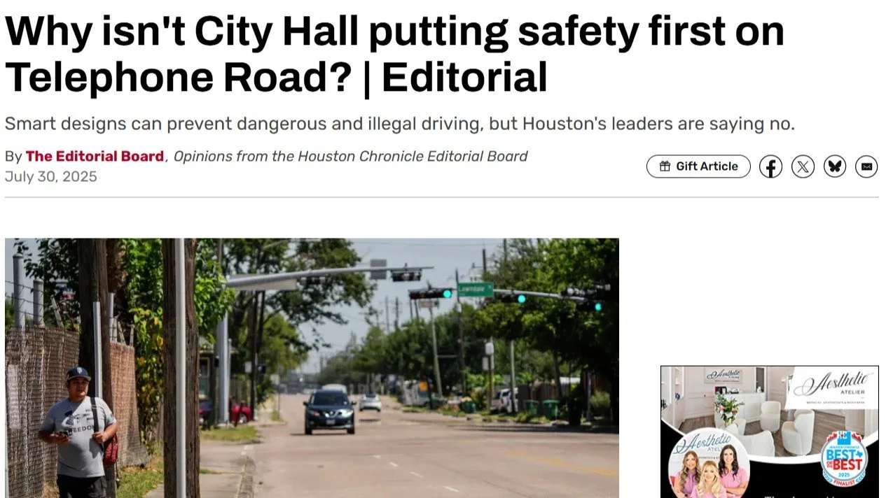 The Houston Chronicle Editorial Board has had enough. So have Houstonians.
It started with Houston Ave. Now Telephone Rd.
"Why isn't City hall putting safety first on Telephone Rd?"
Link in our bio to this important piece or swipe right