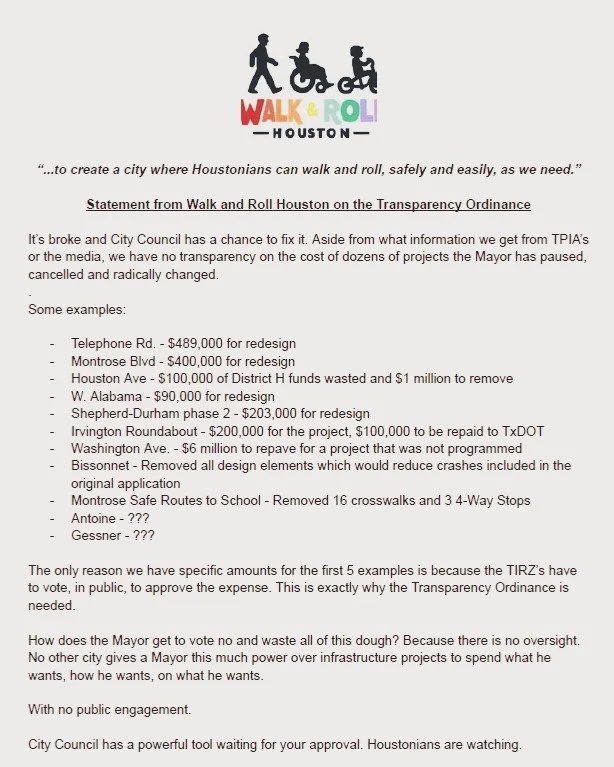 Our statement on the Transparency Ordinance.

City Council can fix what is broken.

Houstonians are watching.
