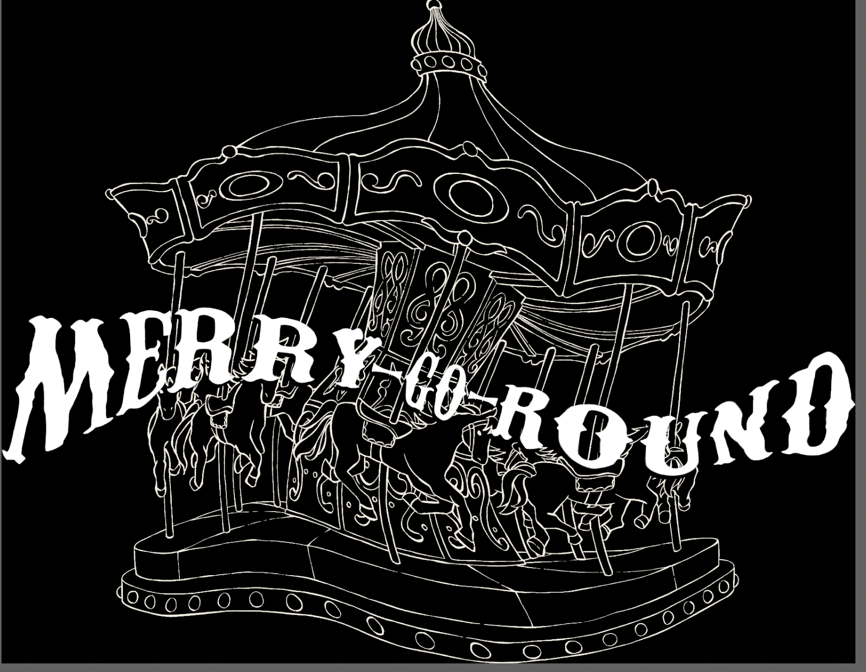 Image of a twisted merry go round in the background with the words "Merry Go Round" scrawled across the front in bolded white letters