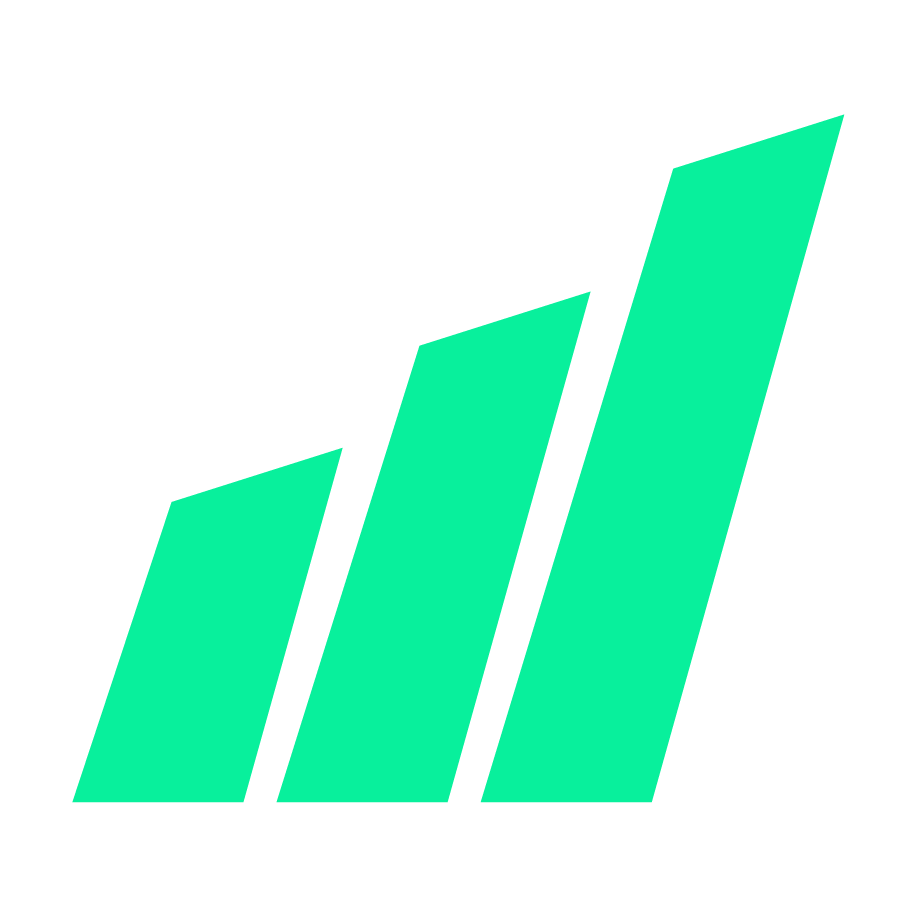 Green ascending bar chart with three bars of different heights and black outlines on a black background.