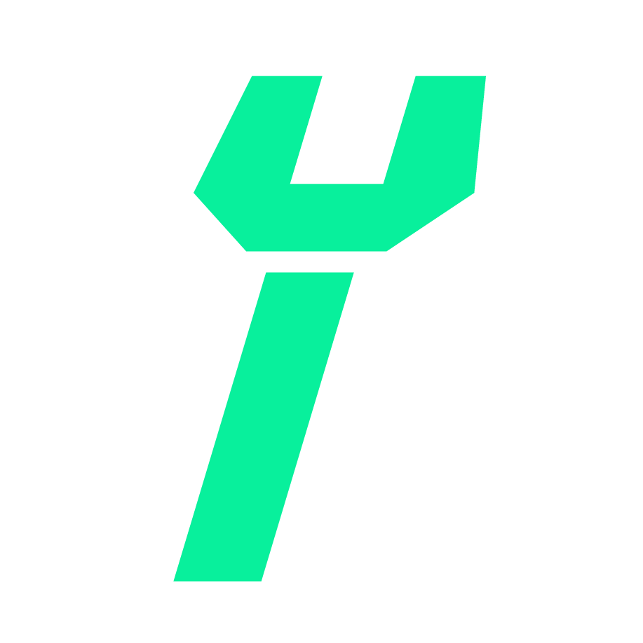 A stylized 3D teal letter 'Y' with a geometric design on a black background.