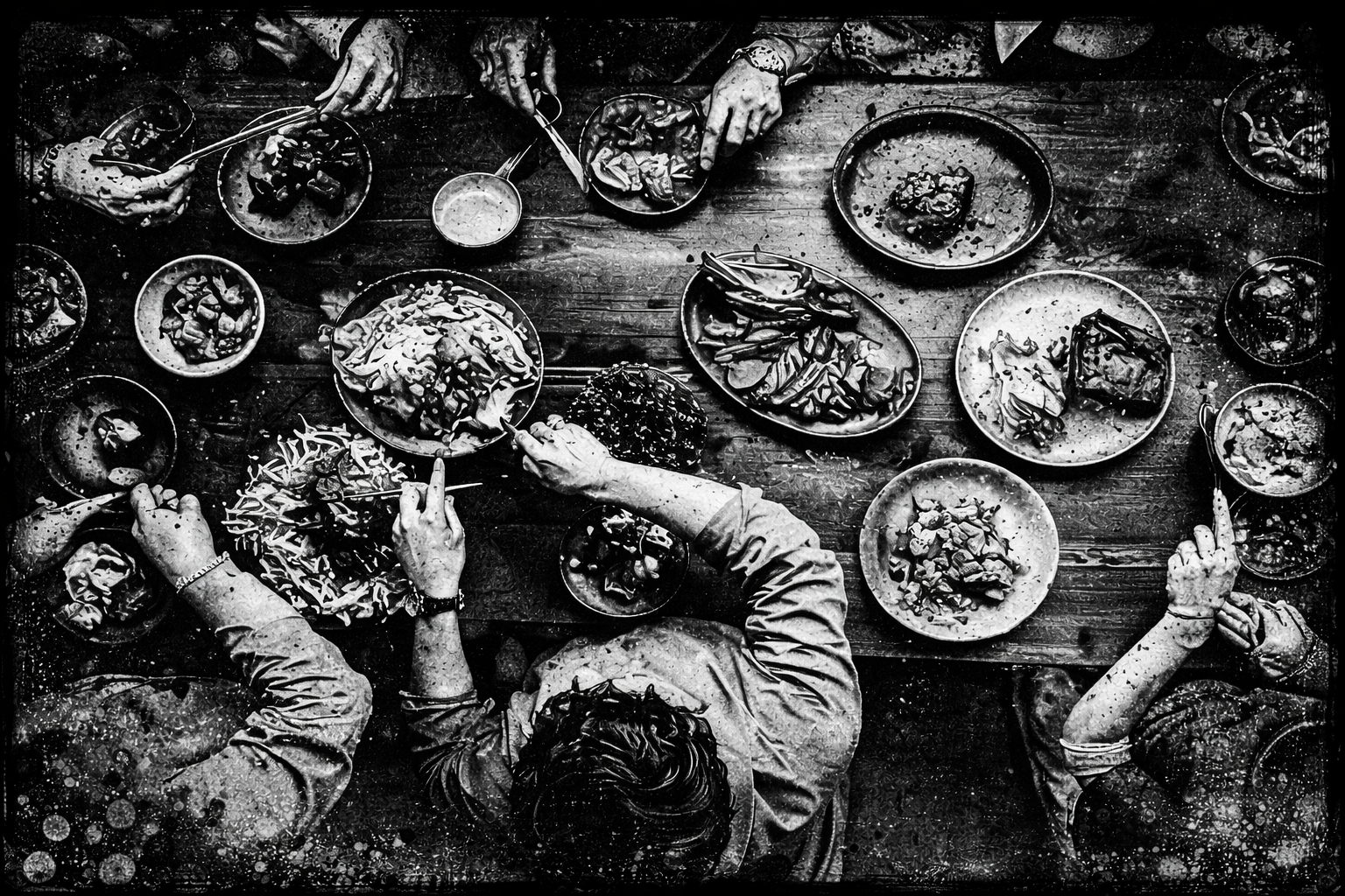 A top-down view of a group of people enjoying a meal together at a restaurant table filled with various dishes and drinks.