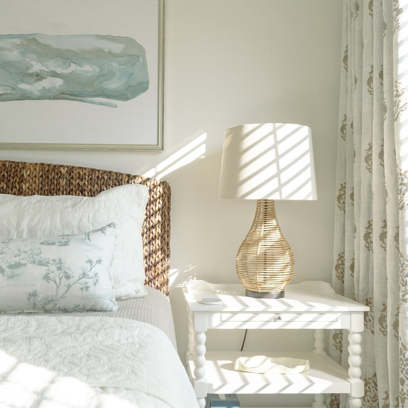 Our #CDcoastalretreatproject design brings the tranquility of the sea into this home by the beach. The photo captures the soft light that illuminates a dreamy palette of soothing hues and nautical touches. Texture and delicate patterns take center st