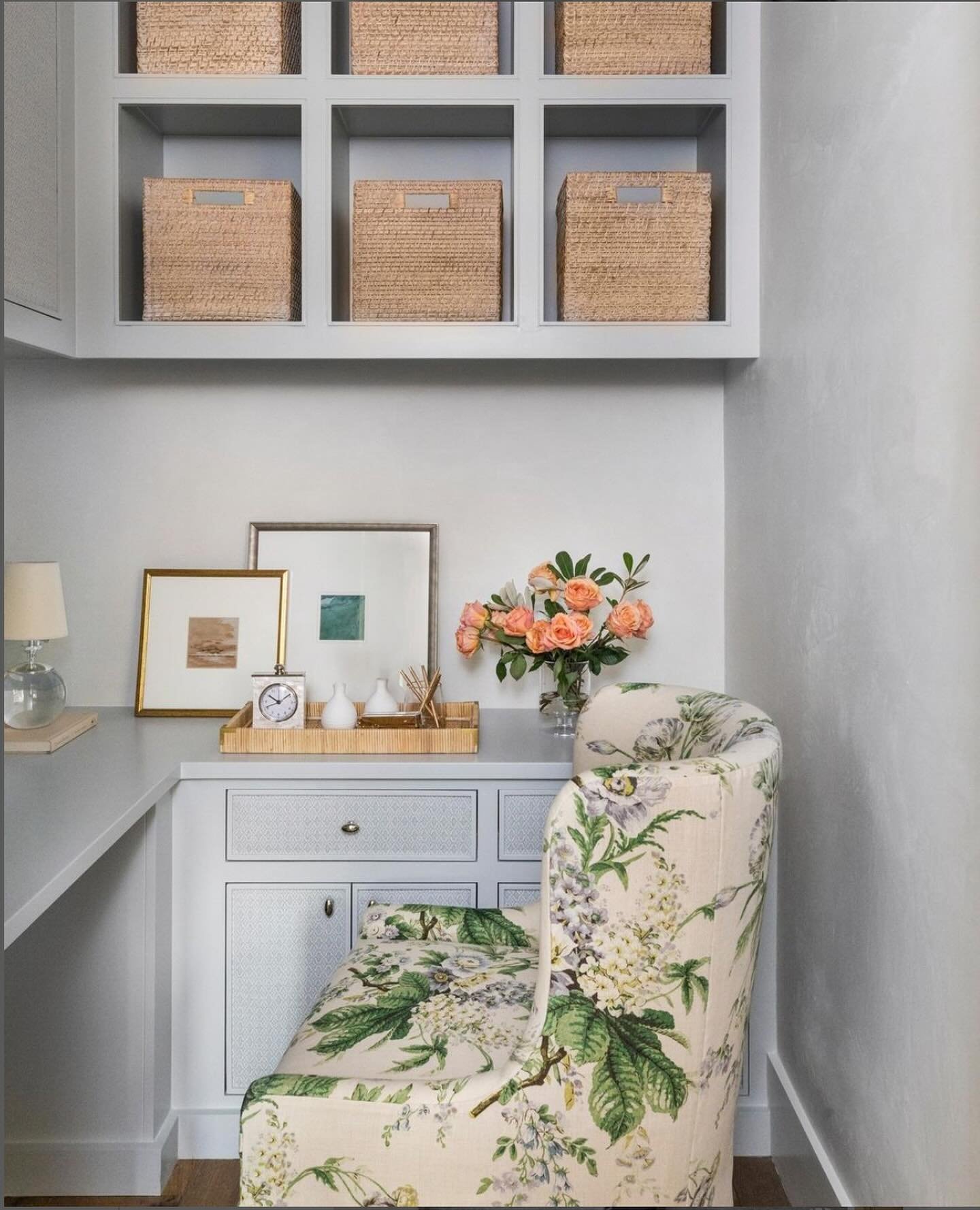✨Inspiration✨ Today we&rsquo;re sharing a beautiful small office moment by the ultra talented @Marieflaniganinteriors⁠. The pretty floral upholstery takes center stage in this view while the soft blue-gray wall color creates the perfect soft backdrop