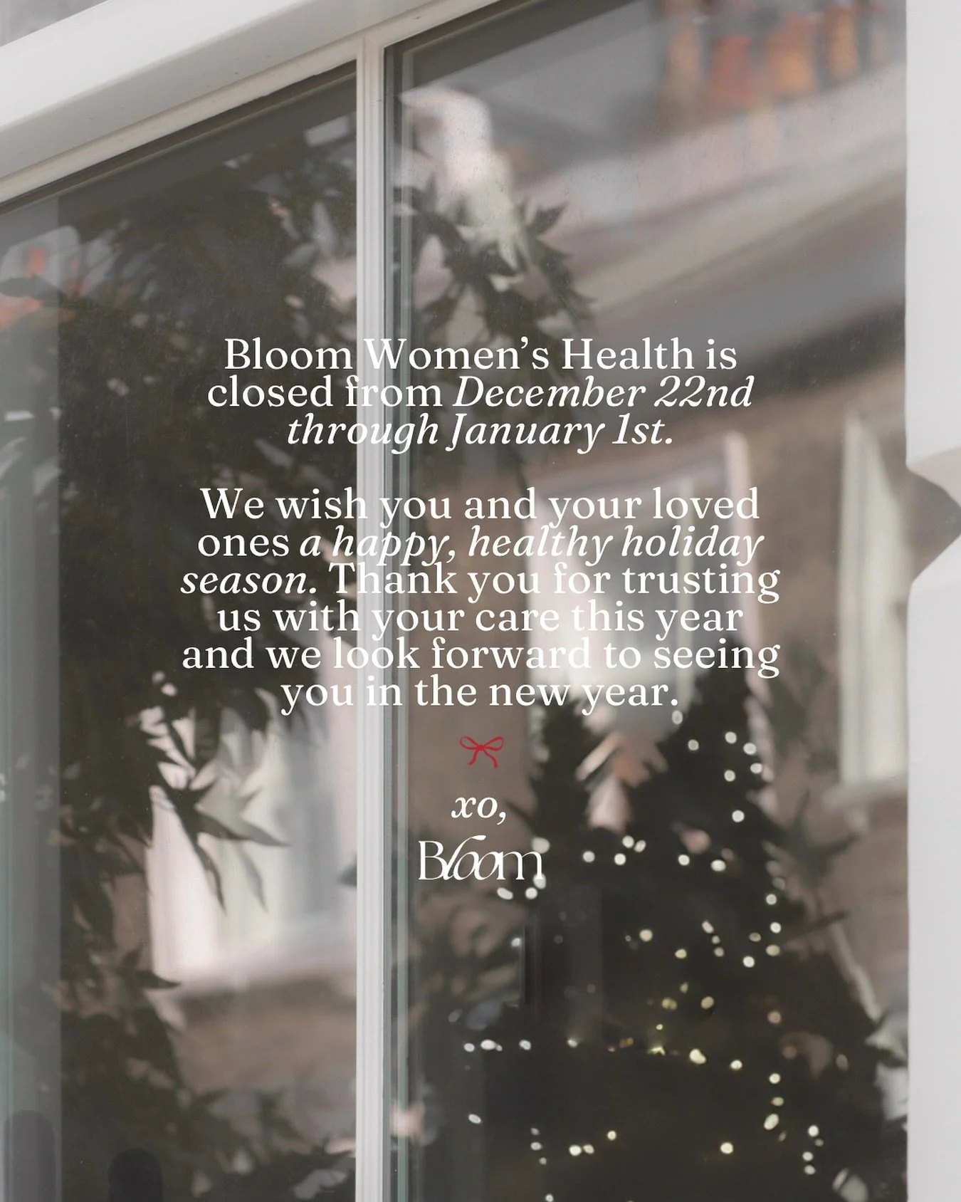 Taking a short pause to celebrate the season 🎄✨

Bloom Women&rsquo;s Health will be closed December 22nd&ndash;January 1st as our team takes time to rest and reset. We are incredibly grateful for the patients we had the honor of serving this year&md