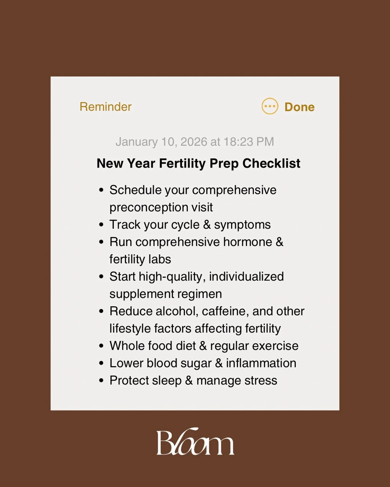 New Year, Next Step.
If you&rsquo;re planning to grow your family in 2026, now is the time to lay the foundation.

At Bloom, we believe fertility prep should be intentional, not overwhelming. This simple checklist will help you step into the year sup