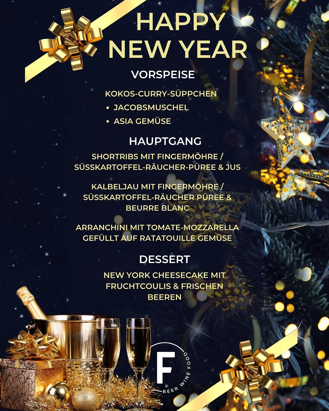 ✨🥂 Feiere den Jahreswechsel stilvoll! ✨
Erlebe unser exklusives 3-Gang-Men&uuml; inklusive Weinbegleitung, Welcome-Drink &amp; einem Glas Champagner zum Ansto&szlig;en. 🍾
Genie&szlig;e kulinarische Highlights &ndash; von zarter Jacobs&shy;muschel i
