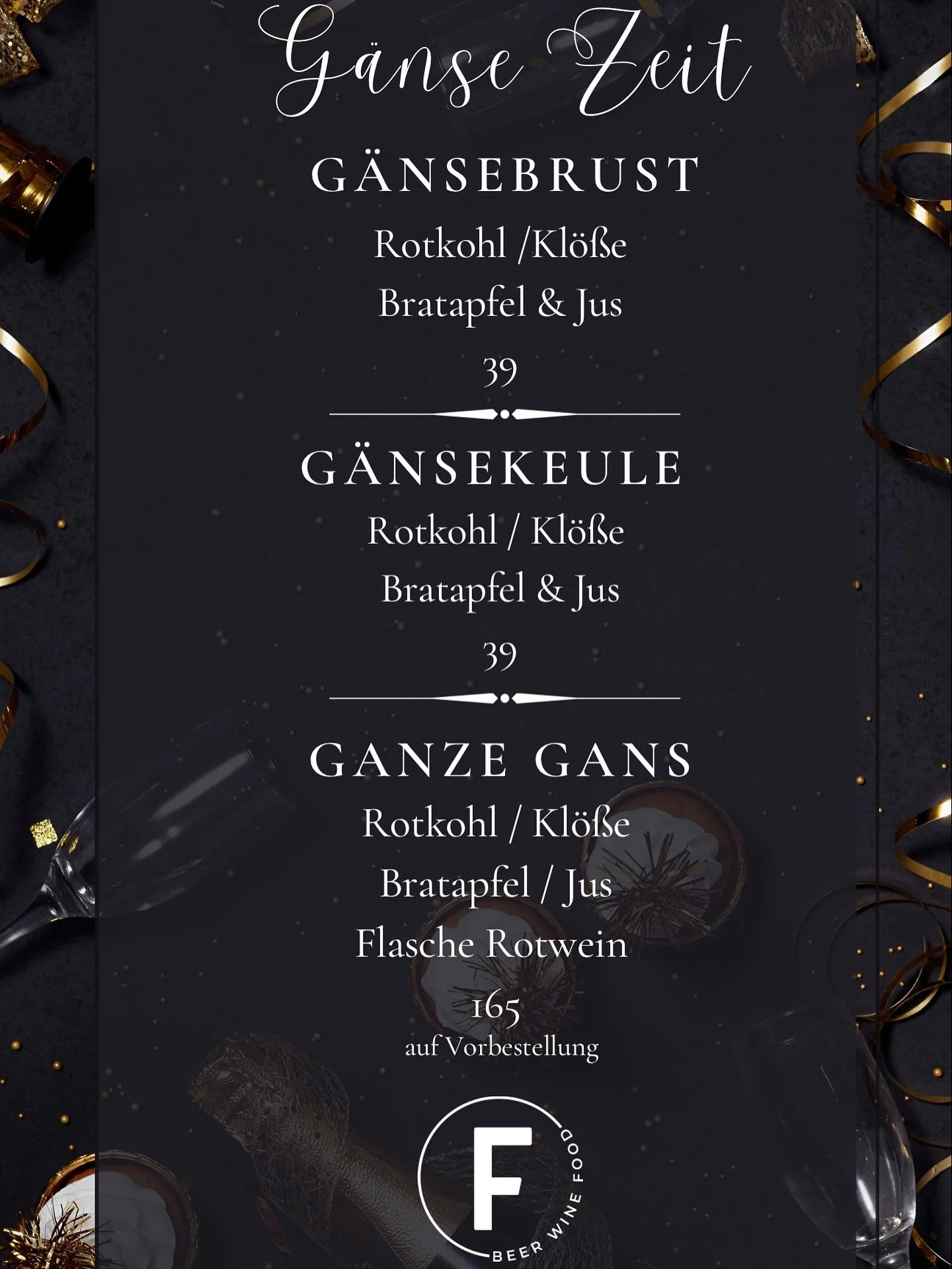 ✨ G&auml;nse Zeit im Friends 🤩
Ab dem 13/11/2025
Der Duft von Rotkohl, Kl&ouml;&szlig;en und knuspriger Gans liegt in der Luft&hellip; 🕯️
Unsere G&auml;nsezeit ist er&ouml;ffnet &ndash; perfekt f&uuml;r gem&uuml;tliche Abende &amp; festliche Runden