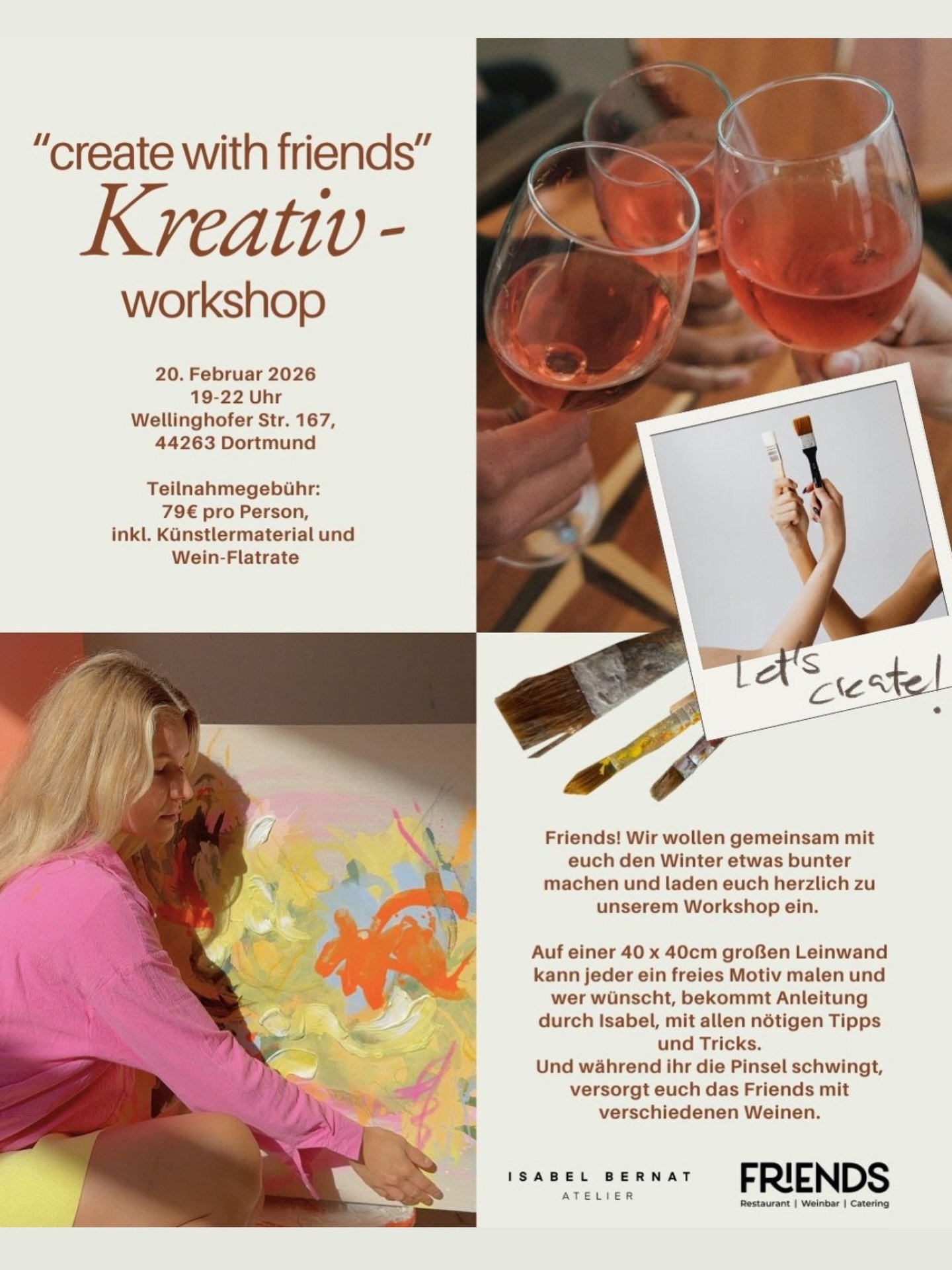 Paint. Wine. Repeat. 🍷🎨
Unser &bdquo;create with friends&ldquo; Kreativ-Workshop l&auml;dt euch ein zu Farbe, Wein &amp; guter Gesellschaft.
Keine Vorkenntnisse n&ouml;tig &ndash; nur Lust auf Kreativit&auml;t ✨

👉 Pl&auml;tze begrenzt
📩 Anmeldun