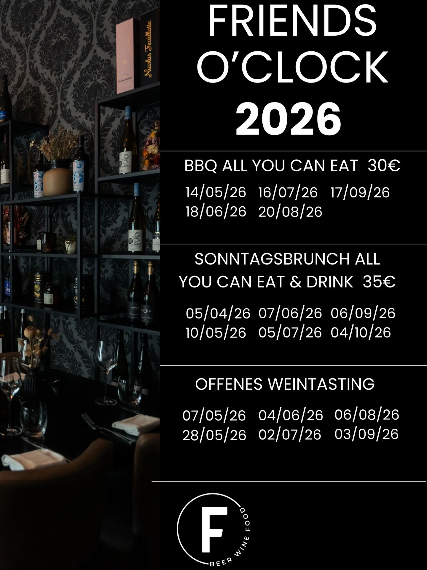 Hey Friends! ✨

Teil 1 unseres Friends O&rsquo;Clock ist endlich drau&szlig;en! 🥂Hier findet ihr alle Veranstaltungen, die regelm&auml;&szlig;ig stattfinden und sich wiederholen &ndash; unsere festen Highlights.

Teil 2 folgt bald mit weiteren Termi