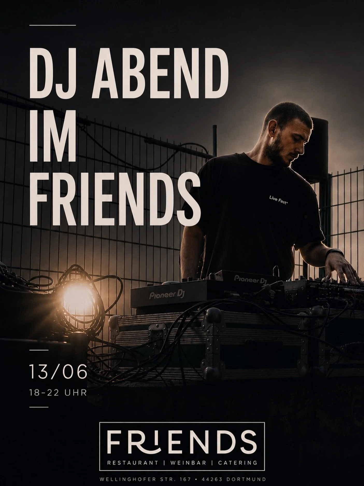🎧 DJ-Abend im Friends &ndash; Samstag, 13.06. 

Ab 18 Uhr sorgt unser DJ f&uuml;r die passende Stimmung im Friends! Freut euch auf einen entspannten Abend mit guten Freunden, leckerem Essen, erfrischenden Drinks und bester Musik. 🍹🍽️🎶

Kommt vorb