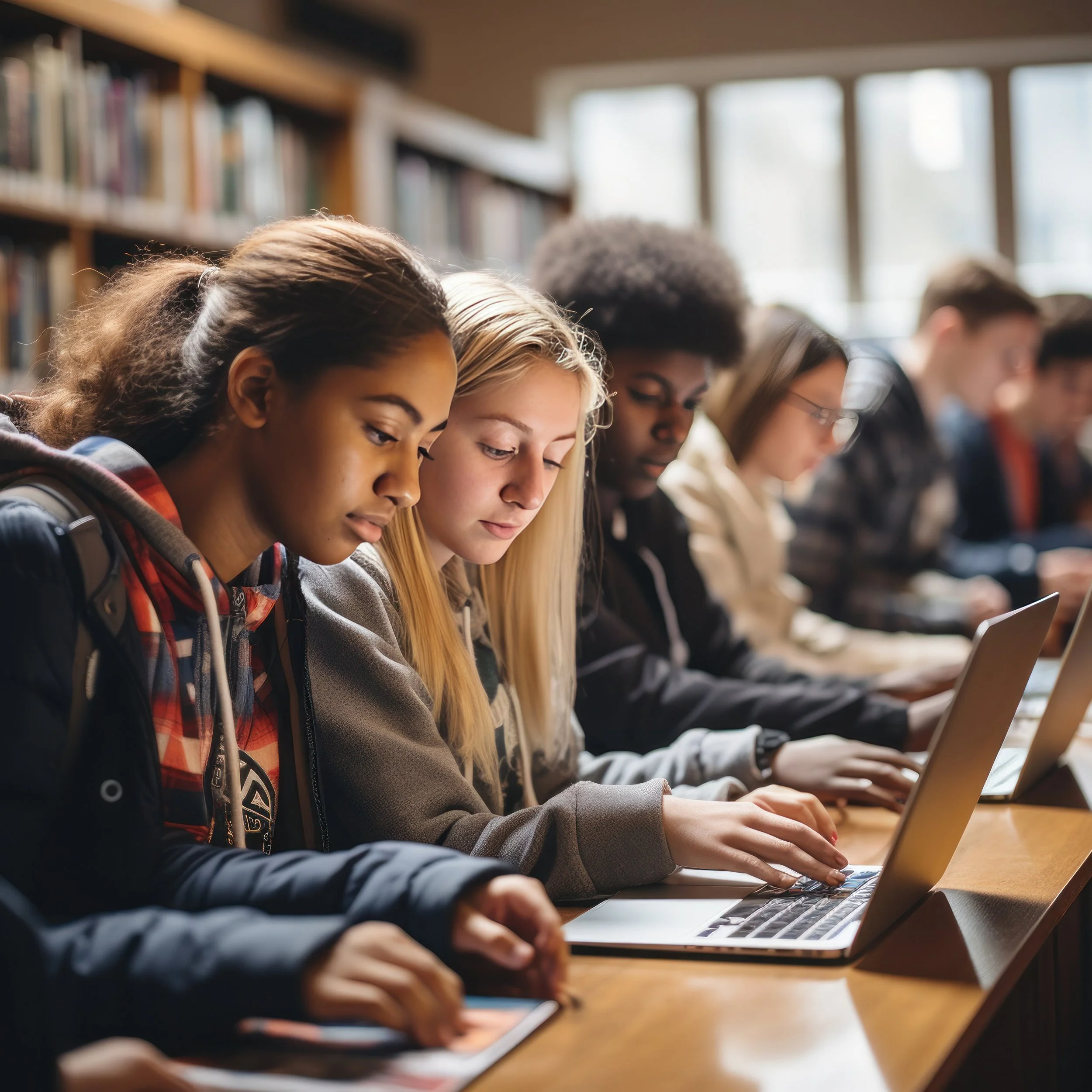 Students working on laptops and tablets in a library classroom