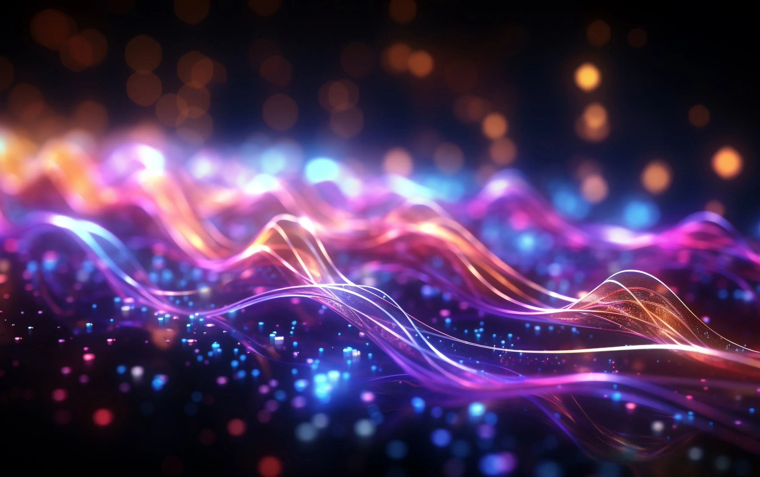 Abstract digital art with multicolored light waves and bokeh effect.