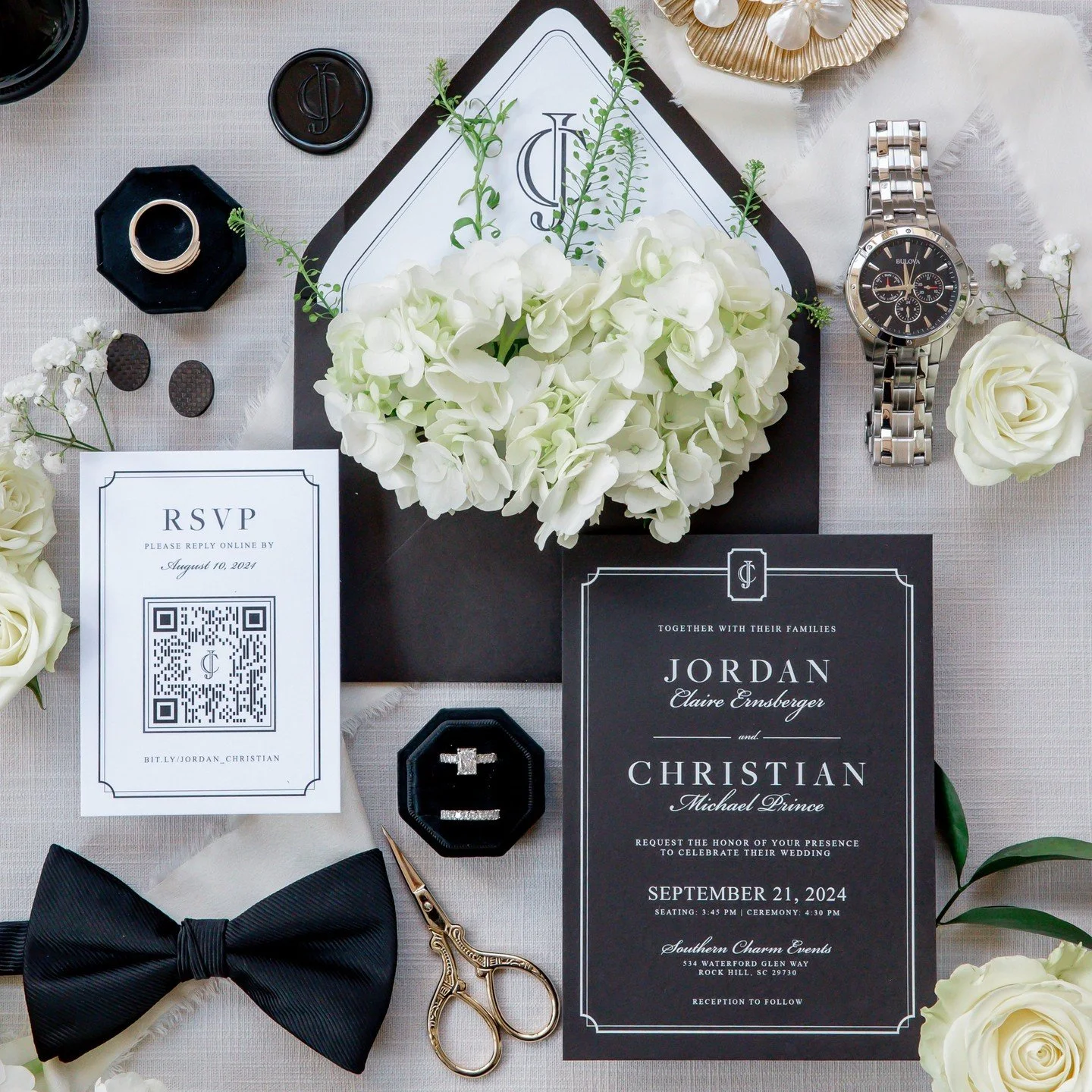 there's nothing I love more than seeing a custom monogram on everything!! 🖤🤍 such a classic &amp; timeless suite!

Monogram/Invitations: @croftedcreations 
Caterer: @waiterschoice
Venue: @scsoutherncharmevents 
Special Effects: @essenlight
Marquee 