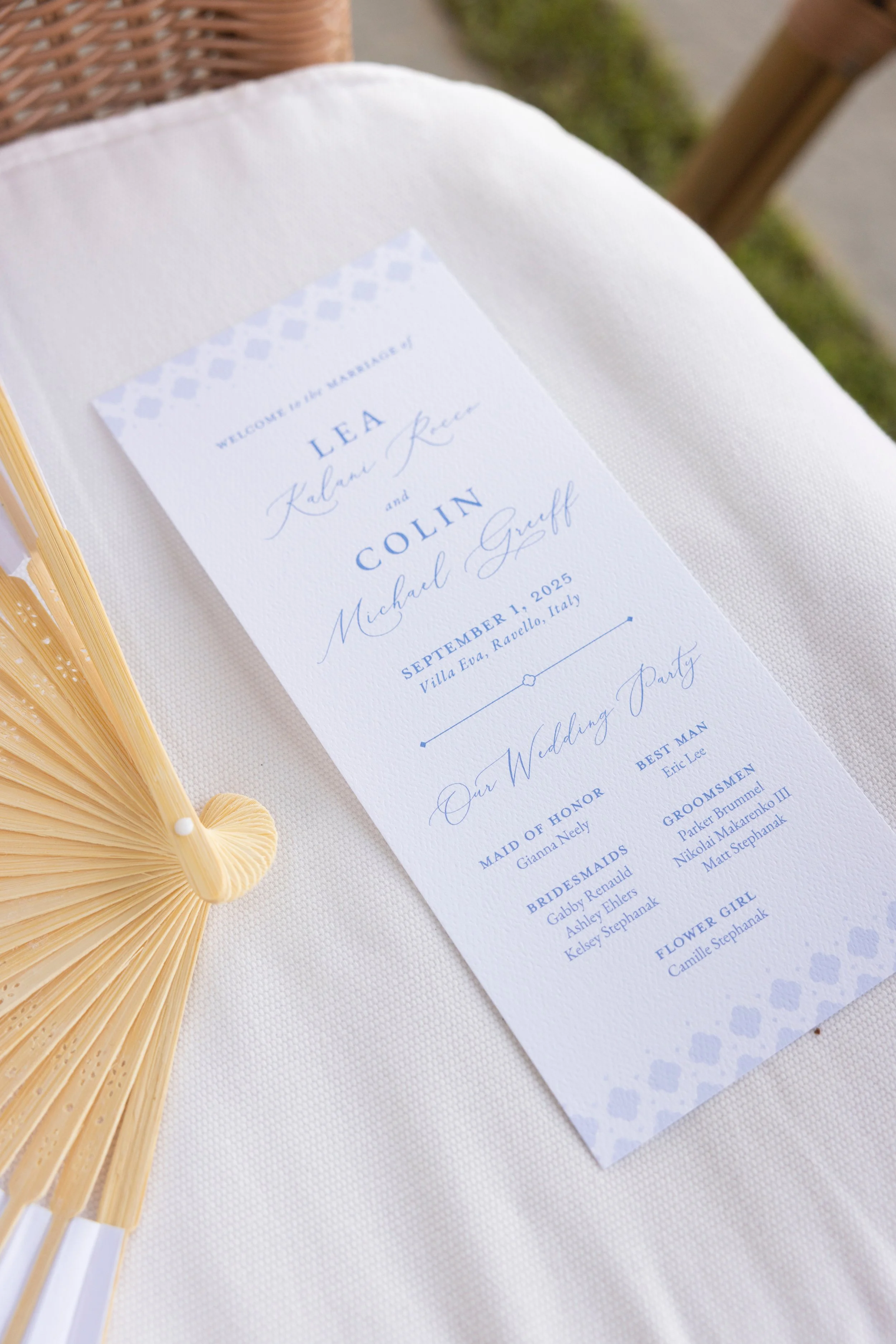 Wedding program card for Lea Kalani Reea and Colin Michael Gruff, dated September 1, 2025, with details of the wedding party and location at Villa Eva, Ravello, Italy.