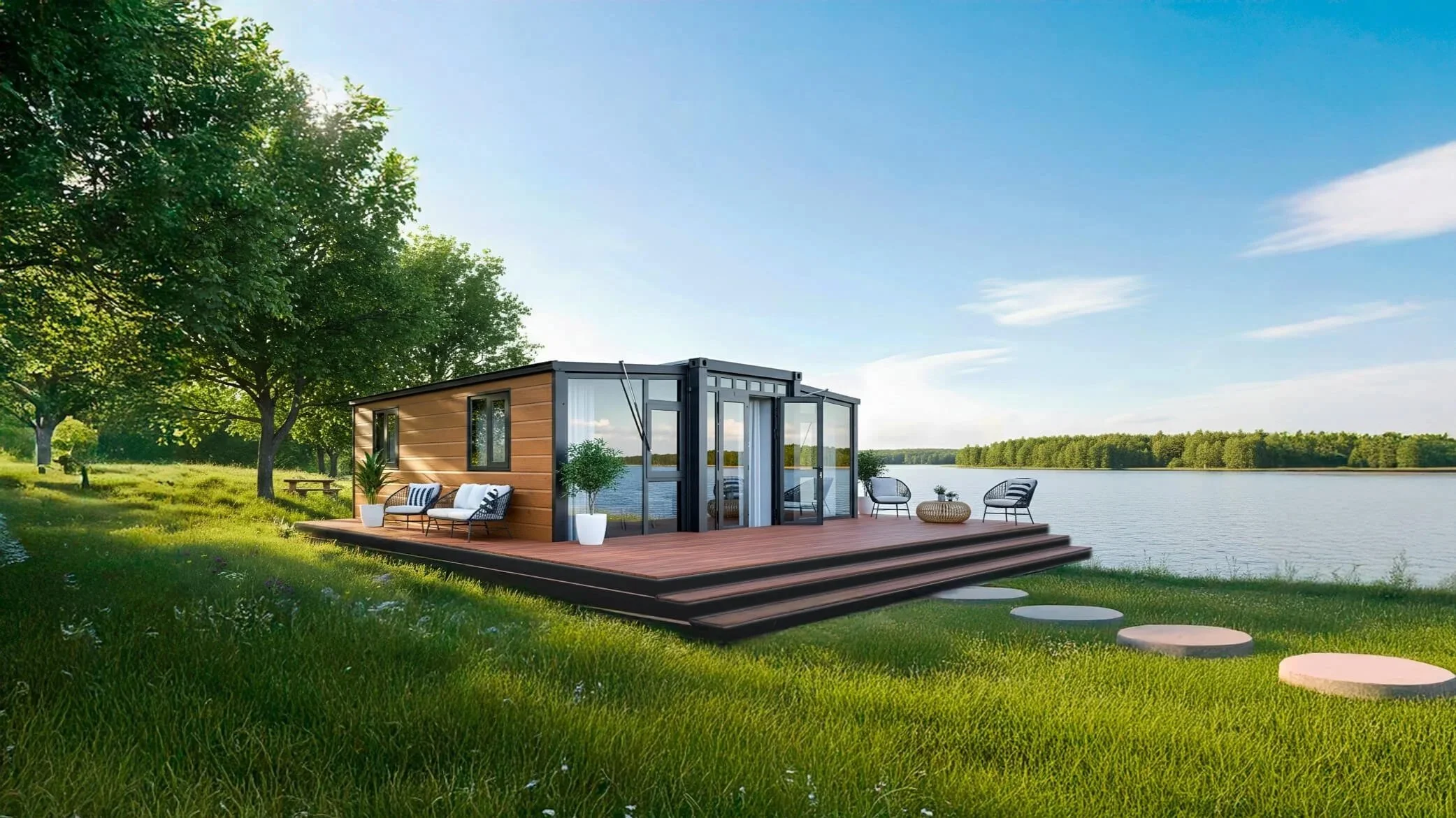 A modern tiny house with glass doors and a spacious deck is situated near a serene lake. Outdoor chairs and potted plants are on the deck, with a lush green lawn and trees surrounding the area under a blue sky.