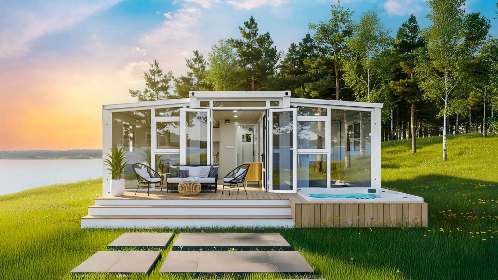 Modern glass house with outdoor seating area and hot tub on a lawn, surrounded by trees and overlooking a body of water at sunset.