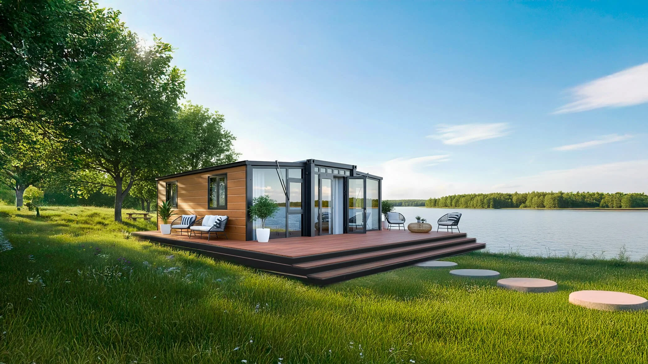 Modern tiny house on stilts by a lakeside with outdoor seating and a wooden deck, surrounded by green trees and grass under a blue sky.