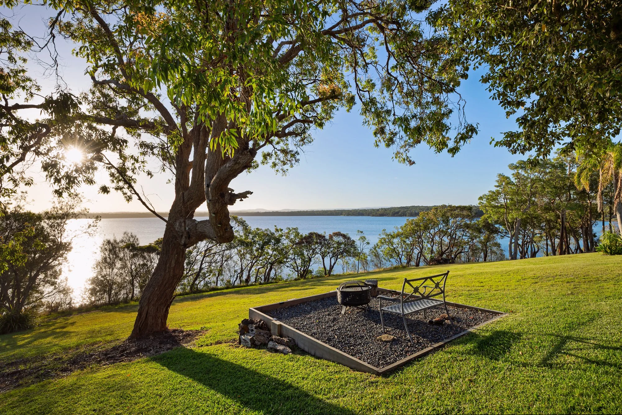 A scenic outdoor setting with a large tree, a grassy area, a view of a lake, and a small seating area with a fire pit and metal bench.