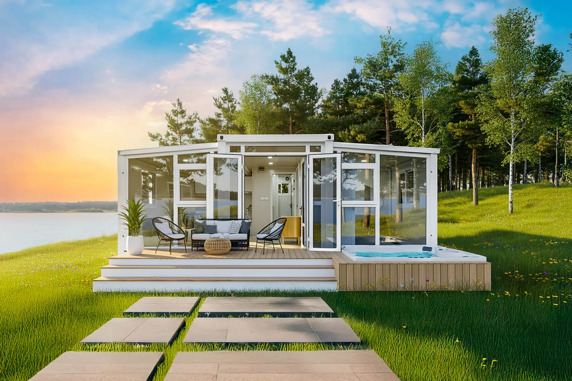 Modern glass house with outdoor seating area, hot tub, and pathway leading through green lawn towards river and trees at sunset.