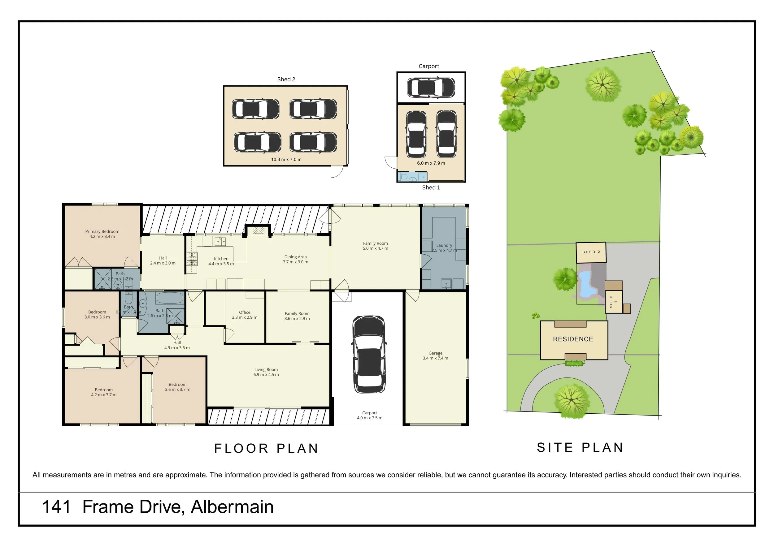 Floor plan and site plan of a property at 141 Frame Drive, Albermain, showing a house with multiple rooms, garages, a family room, office, bedrooms, bathrooms, kitchen, dining area, living room, laundry, and outdoor structures including a shed, carports, and a garden with trees and a pond.